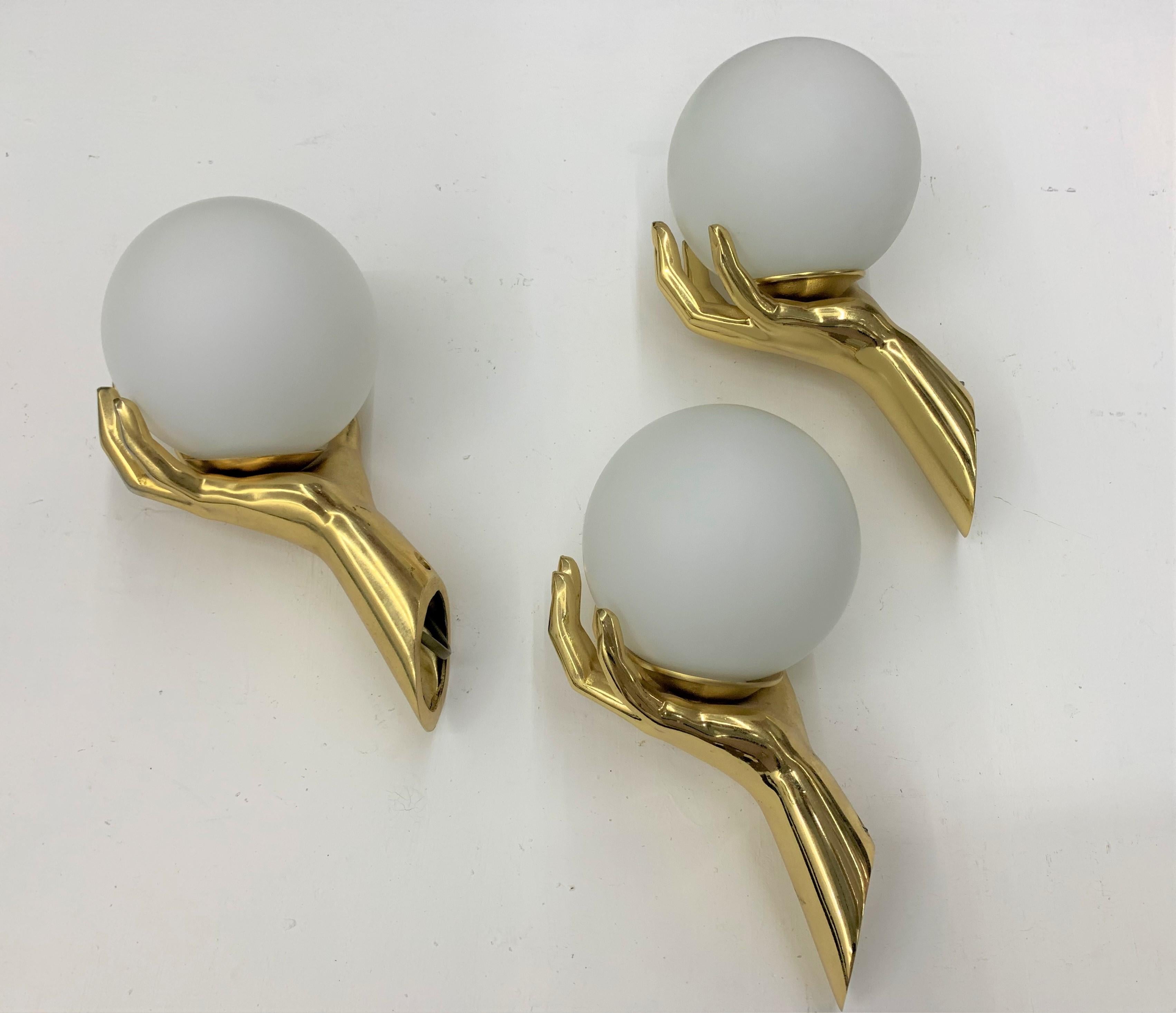 Modernist Sconces by Maison Arlus in Gilt Bronze and Opaline Glass, France 6