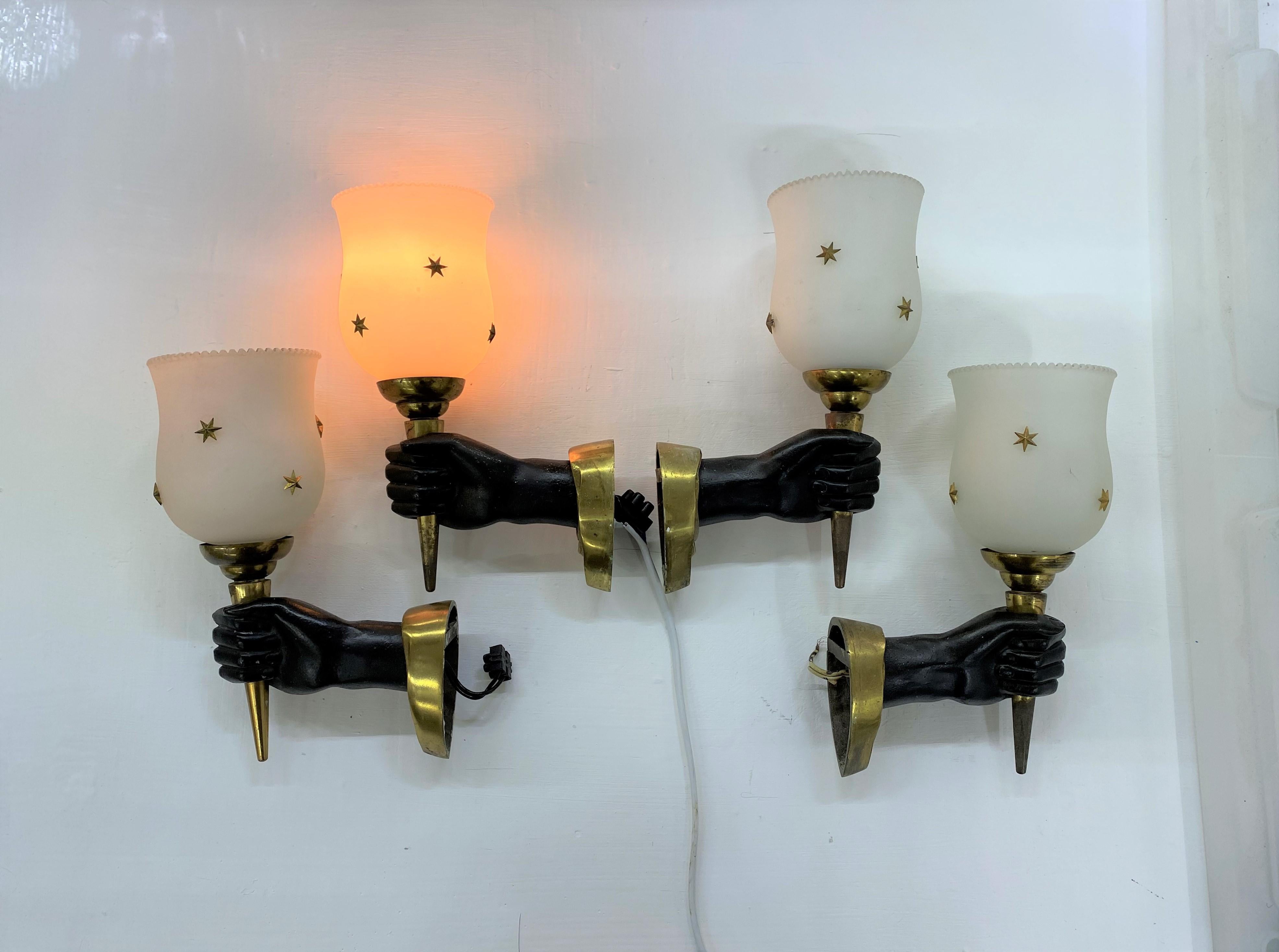 Modernist Sconces by Maison Arlus in Gilt Bronze and Opaline Glass, France For Sale 4