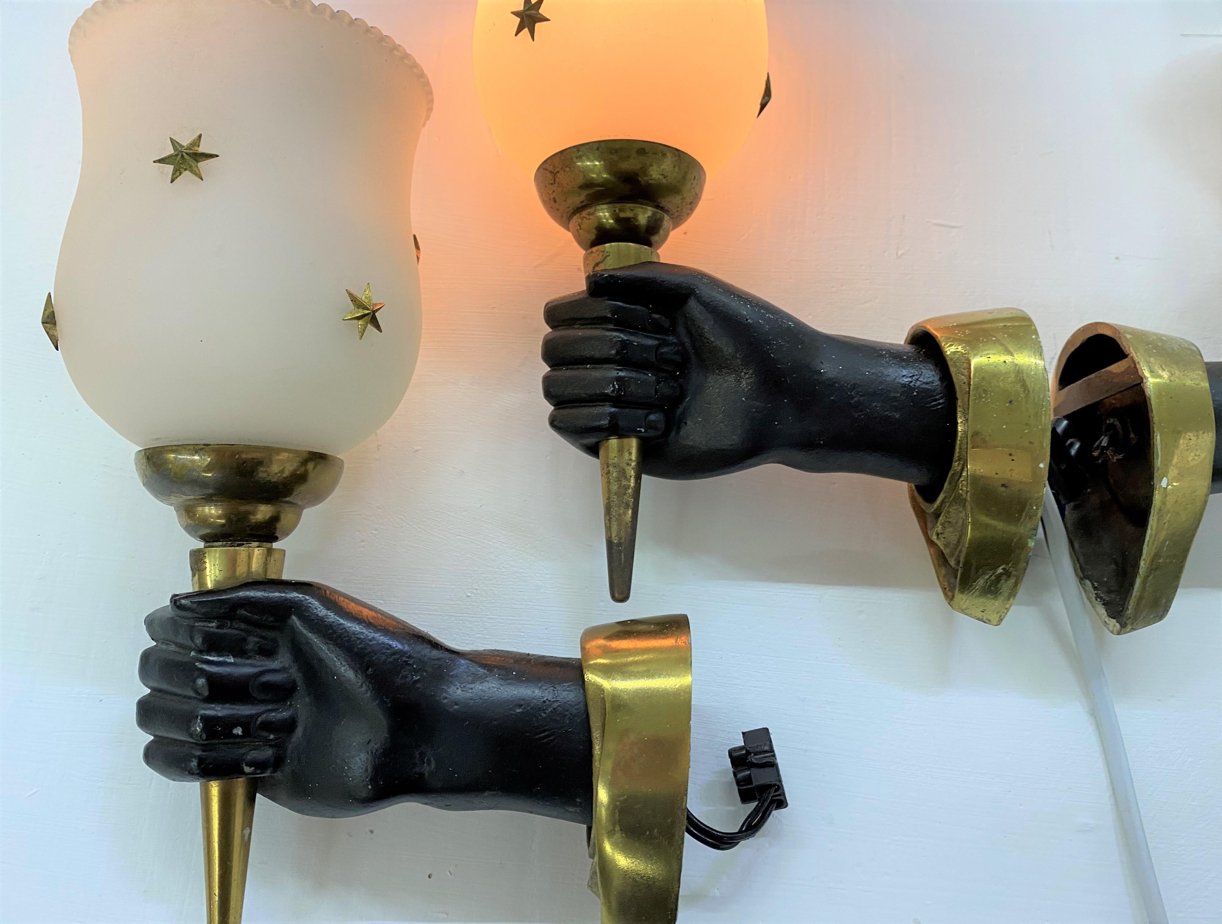 Modernist Sconces by Maison Arlus in Gilt Bronze and Opaline Glass, France For Sale 5