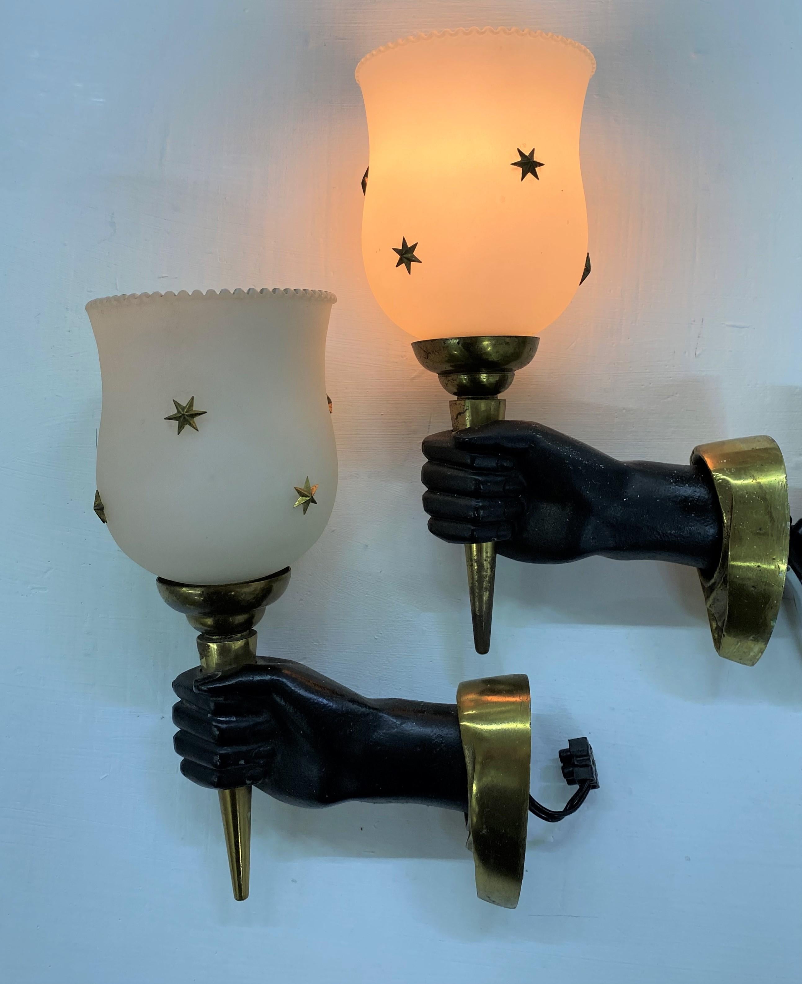 Modernist Sconces by Maison Arlus in Gilt Bronze and Opaline Glass, France For Sale 7