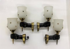 Modernist Sconces by Maison Arlus in Gilt Bronze and Opaline Glass, France