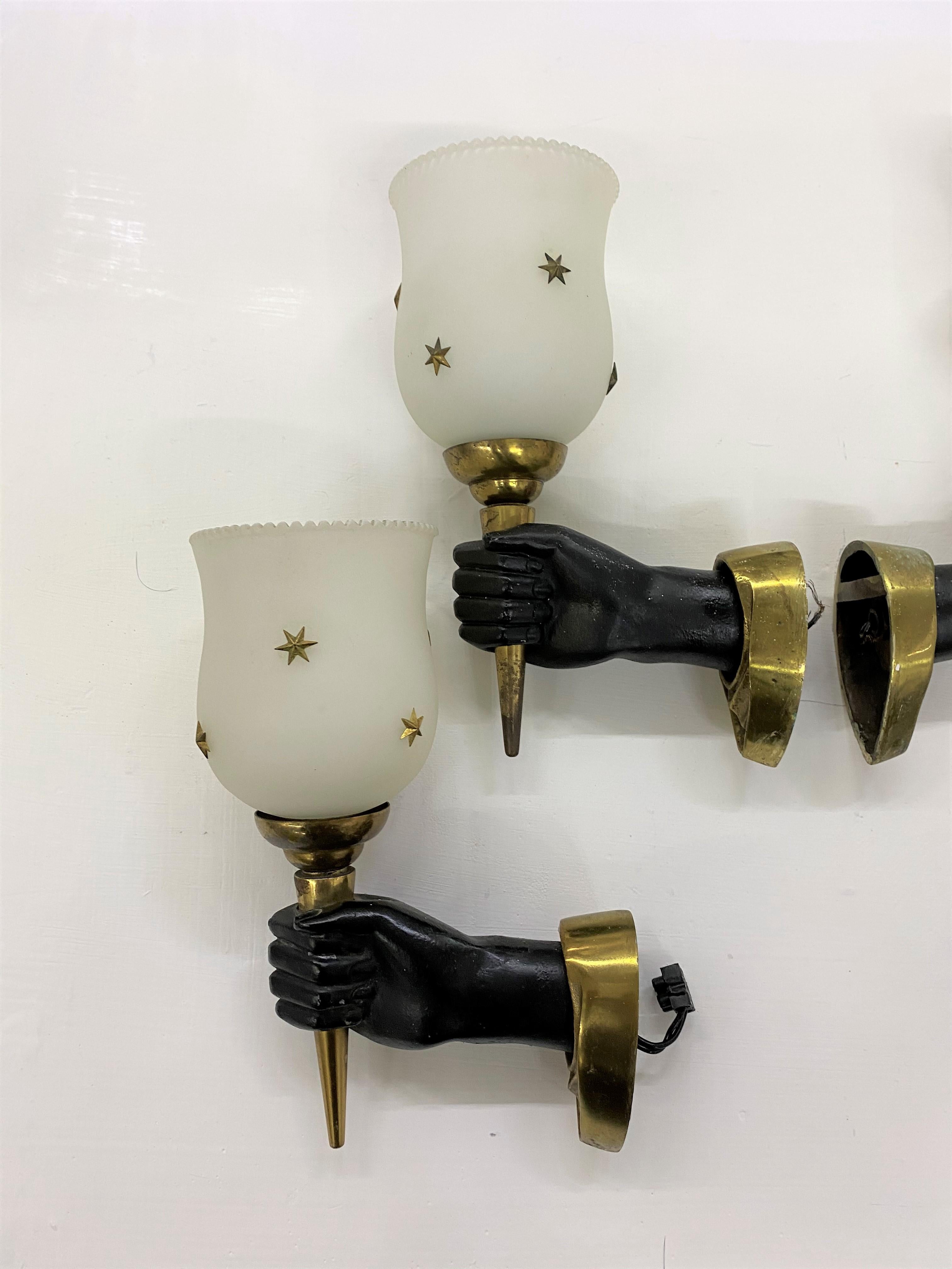 French Modernist Sconces by Maison Arlus in Gilt Bronze and Opaline Glass, France For Sale