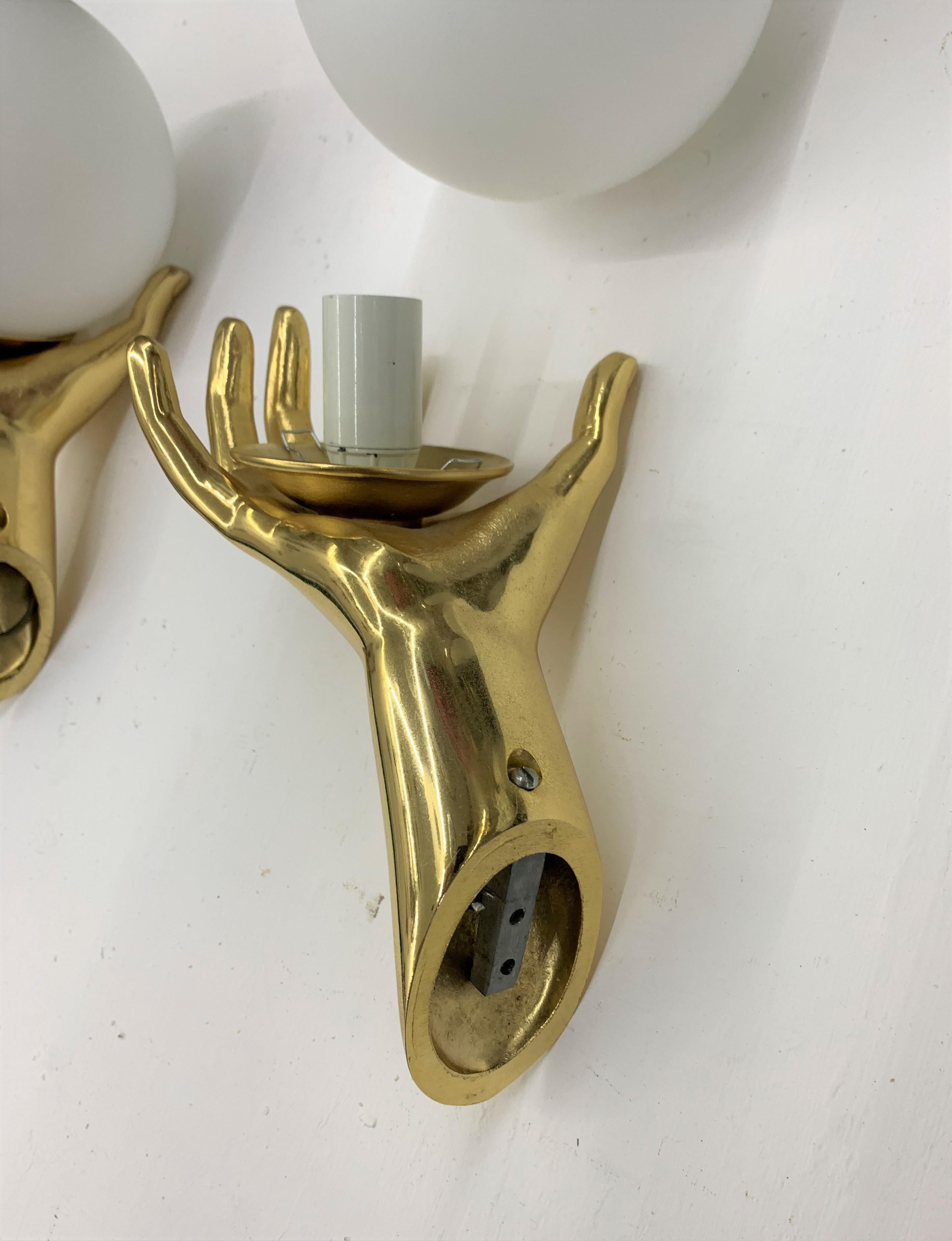 French Modernist Sconces by Maison Arlus in Gilt Bronze and Opaline Glass, France