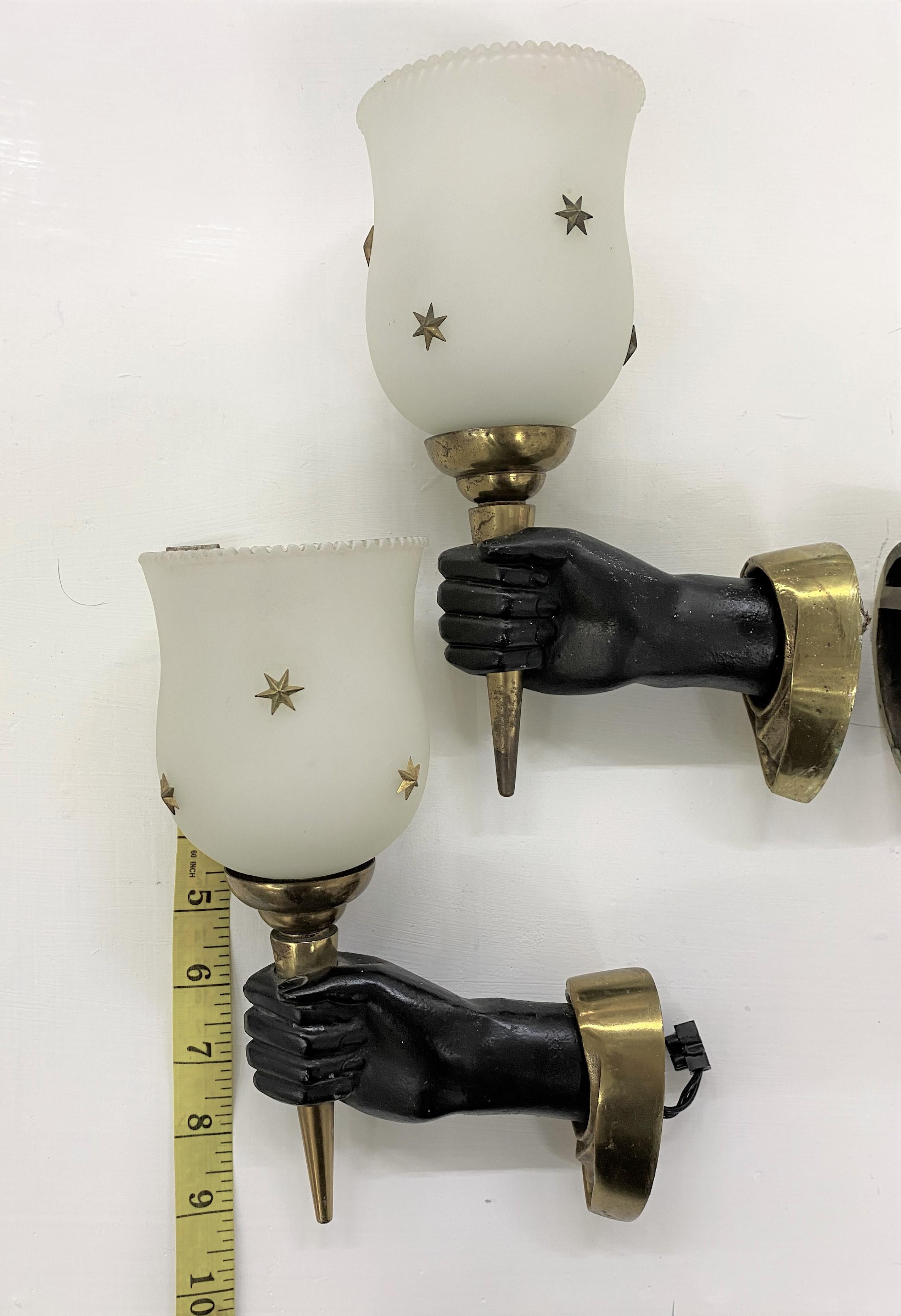 Mid-20th Century Modernist Sconces by Maison Arlus in Gilt Bronze and Opaline Glass, France For Sale