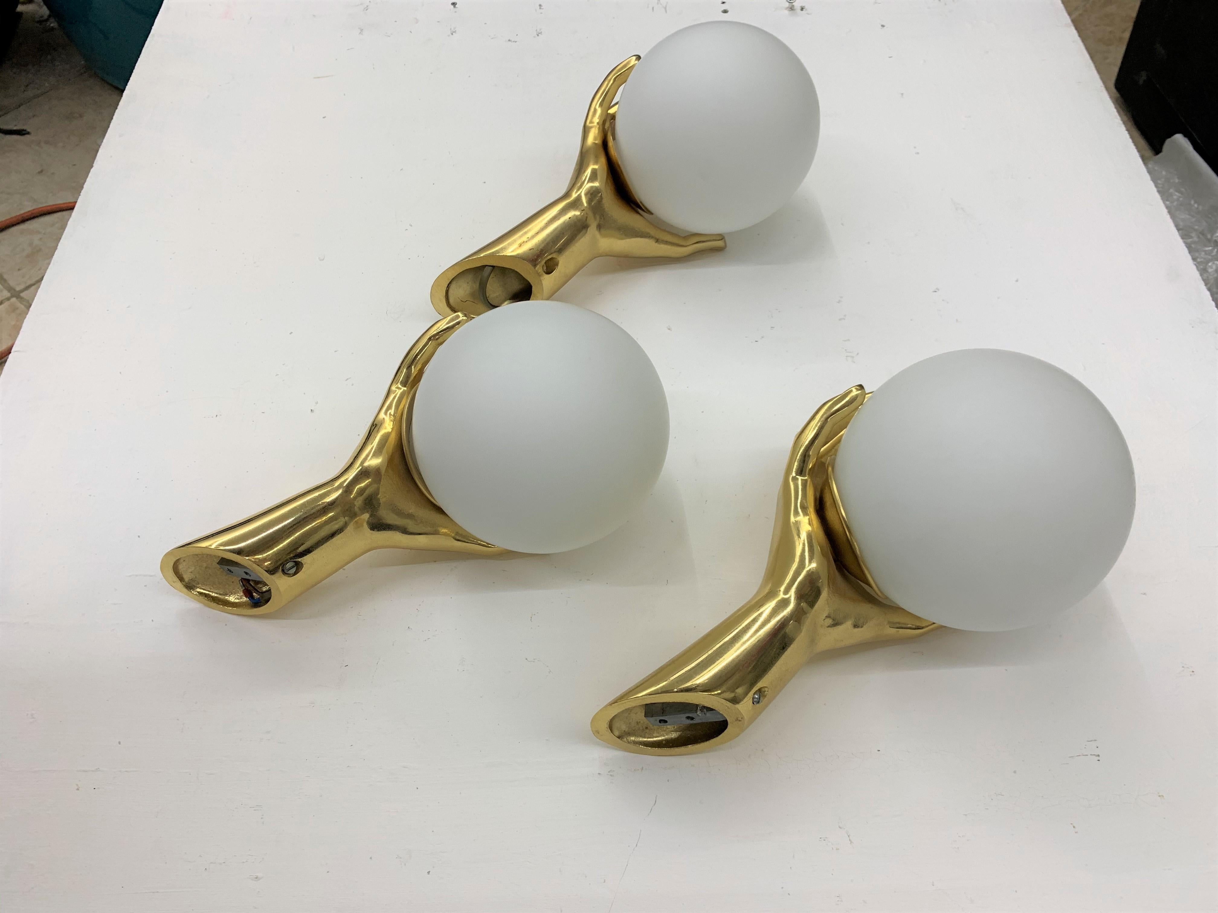 Modernist Sconces by Maison Arlus in Gilt Bronze and Opaline Glass, France 1