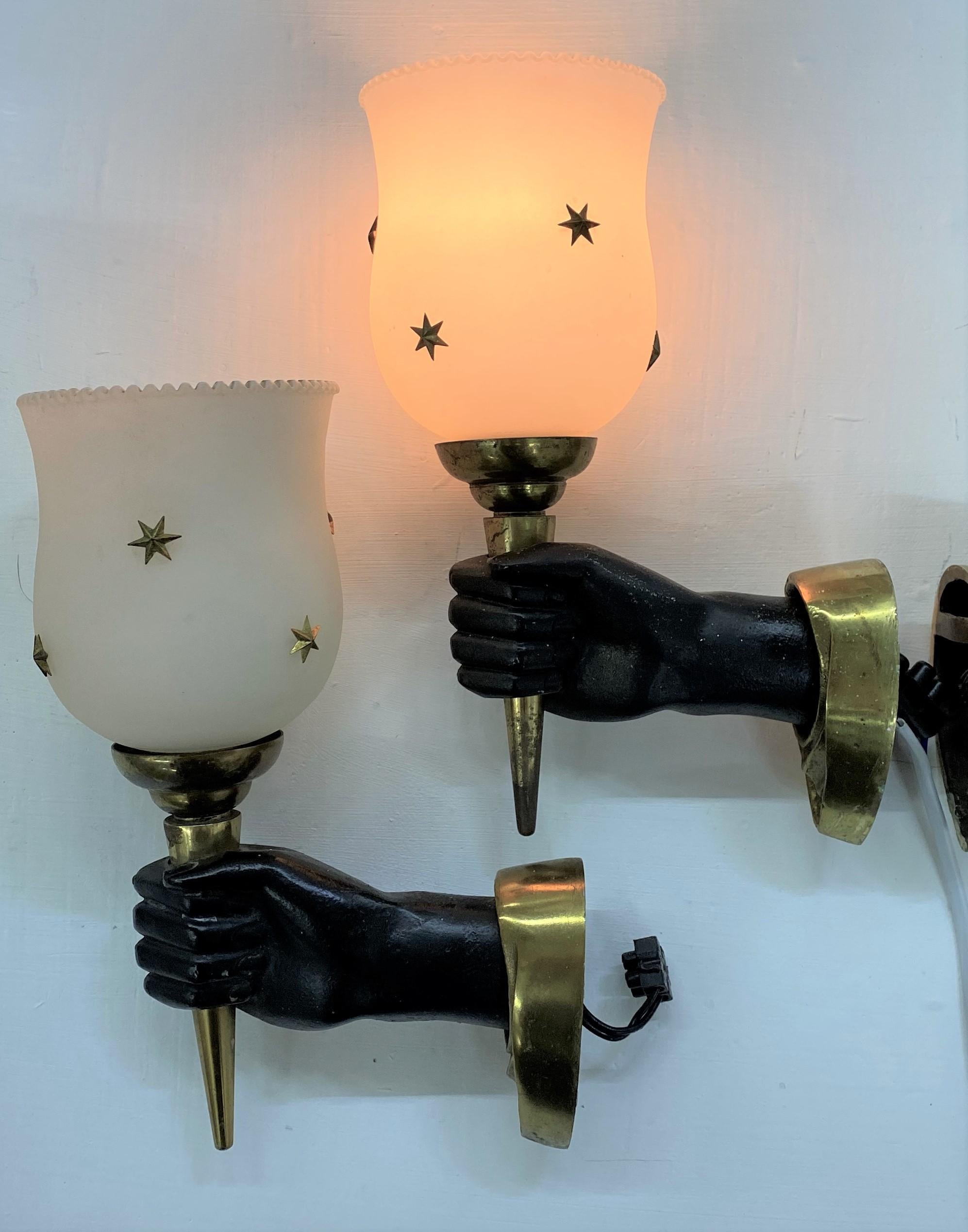 Modernist Sconces by Maison Arlus in Gilt Bronze and Opaline Glass, France For Sale 3