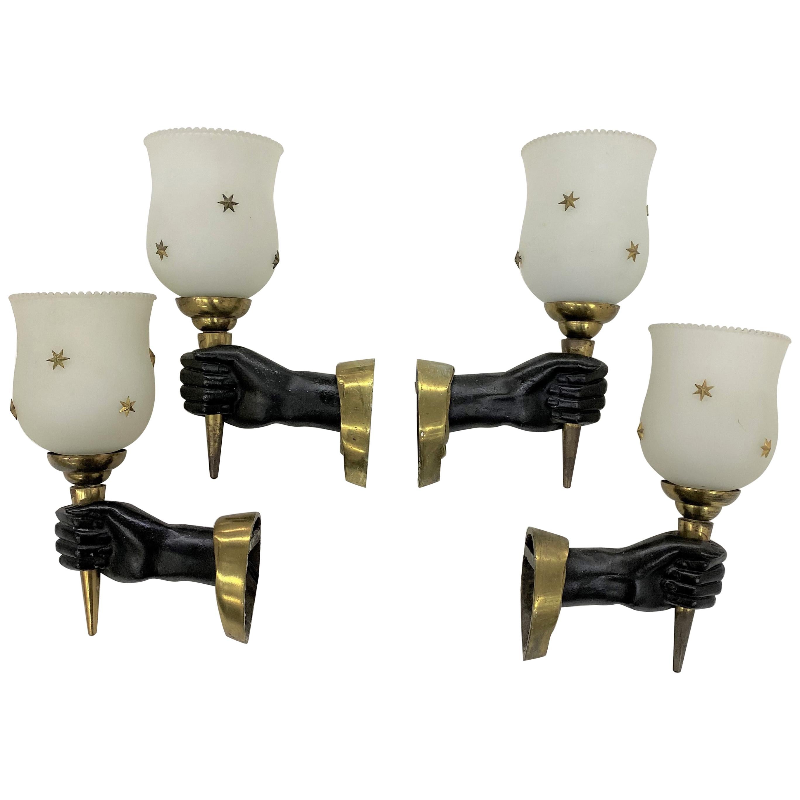 Modernist Sconces by Maison Arlus in Gilt Bronze and Opaline Glass, France For Sale