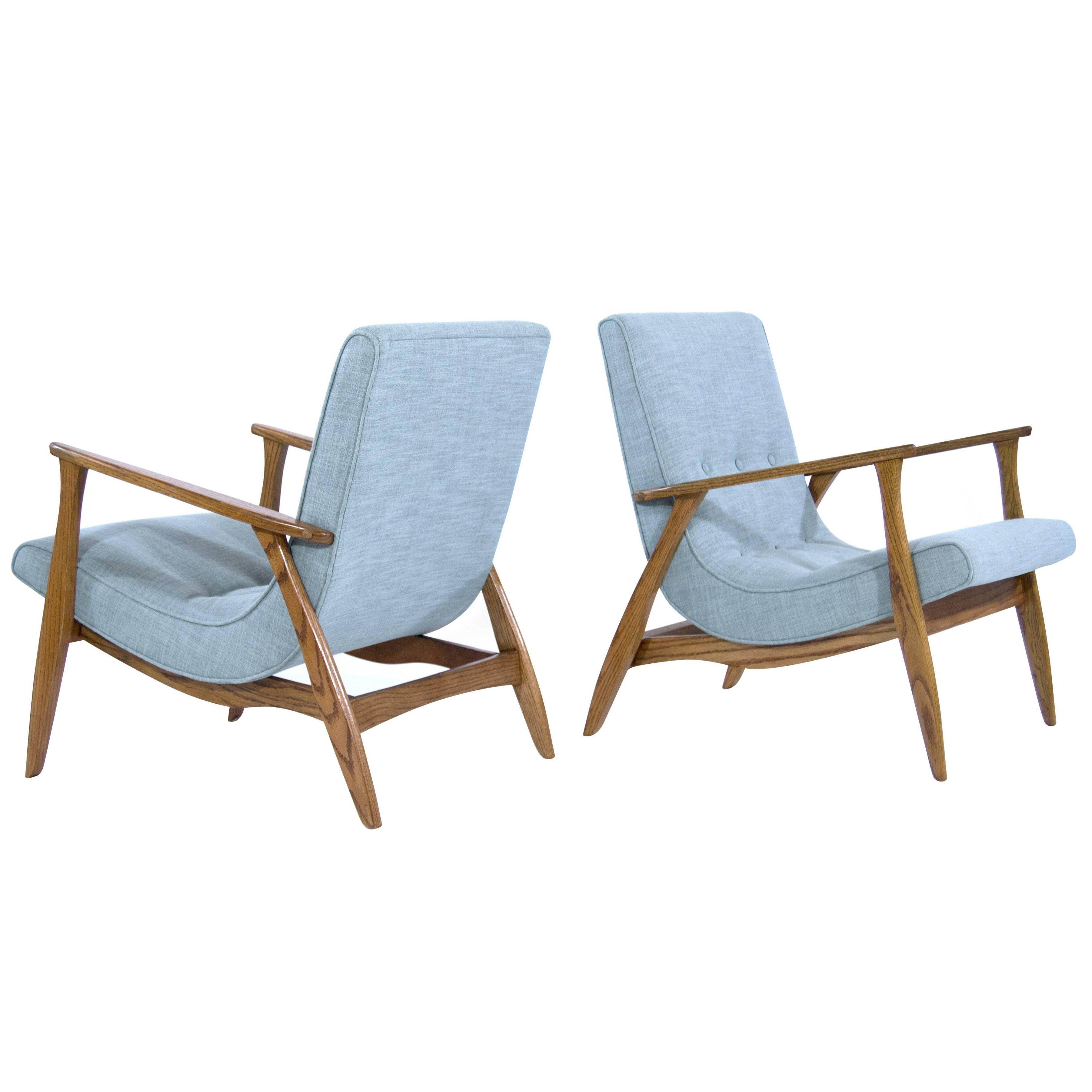 Modernist Scoop Oak Lounge Chairs in Linen