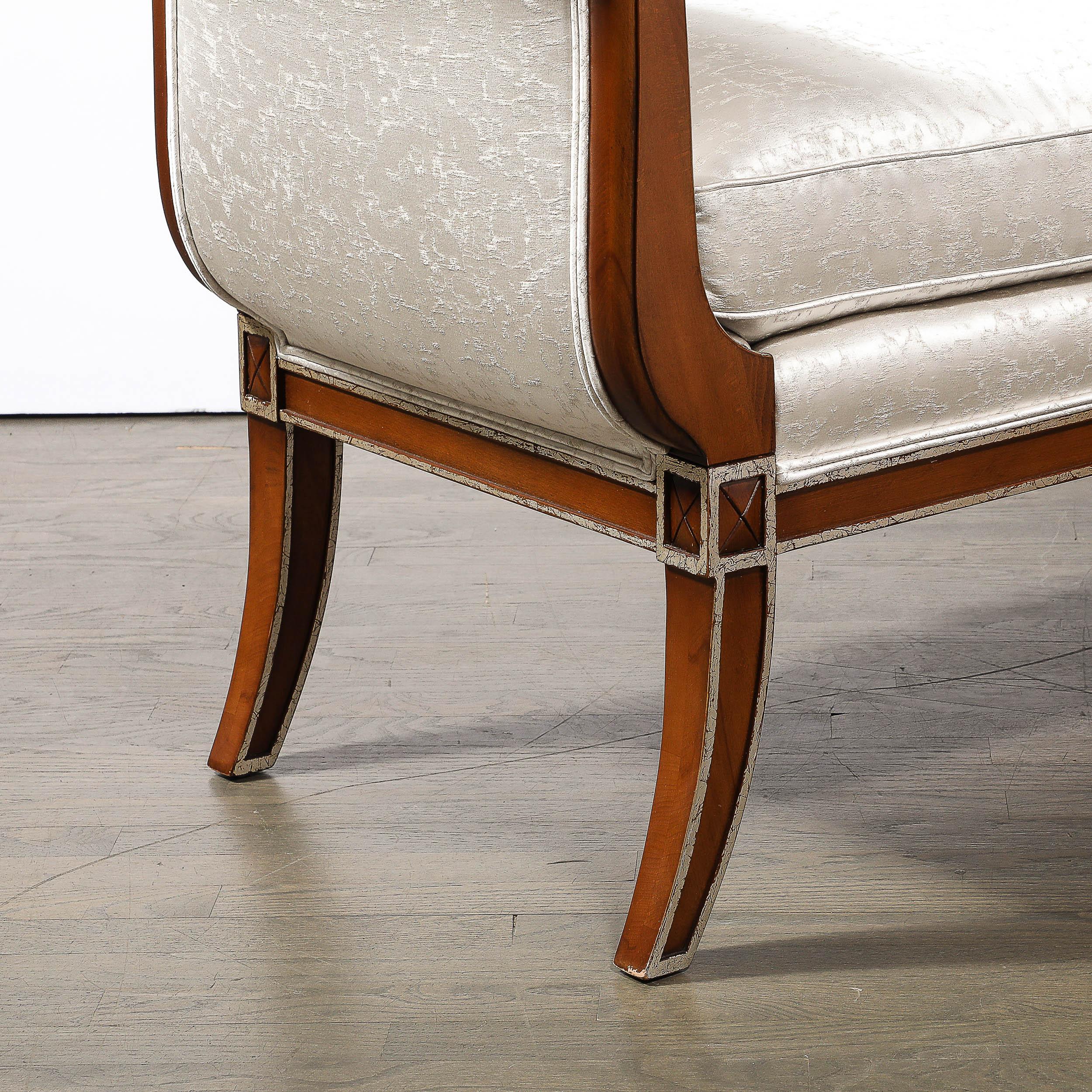 Modernist Scroll Form Bench in Walnut With Silver Naturalist Upholstery For Sale 6