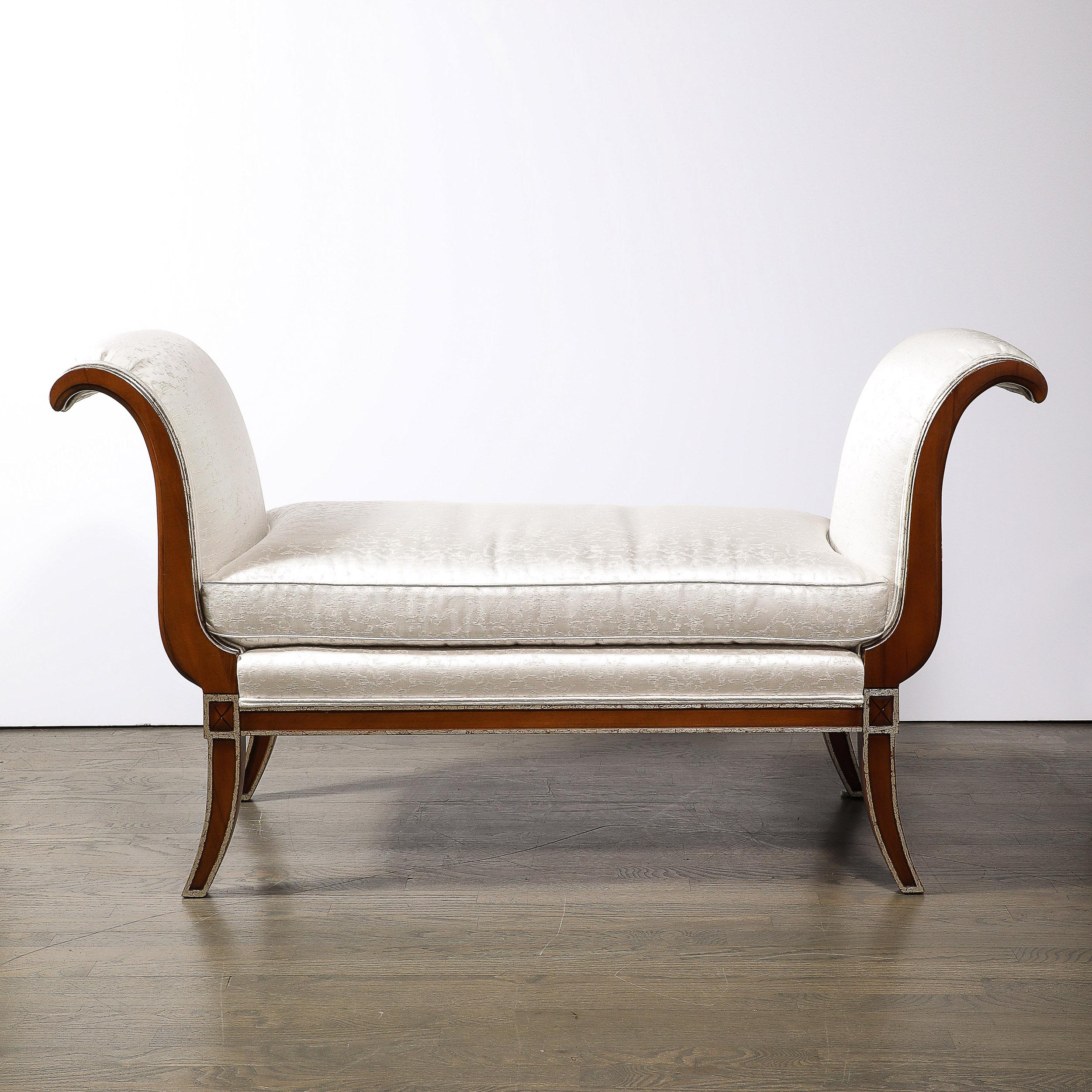 Modernist Scroll Form Bench in Walnut With Silver Naturalist Upholstery For Sale 7