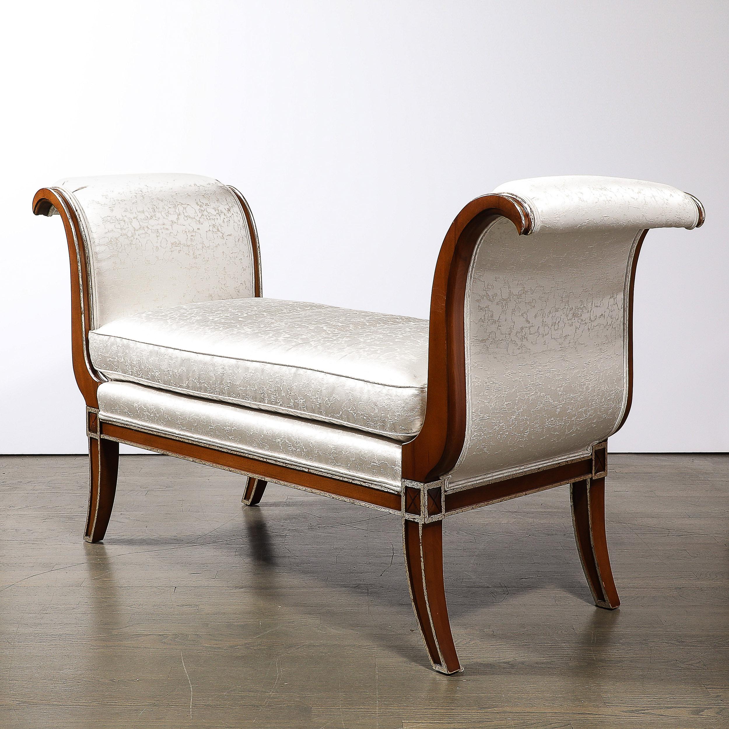 Modernist Scroll Form Bench in Walnut With Silver Naturalist Upholstery For Sale 9