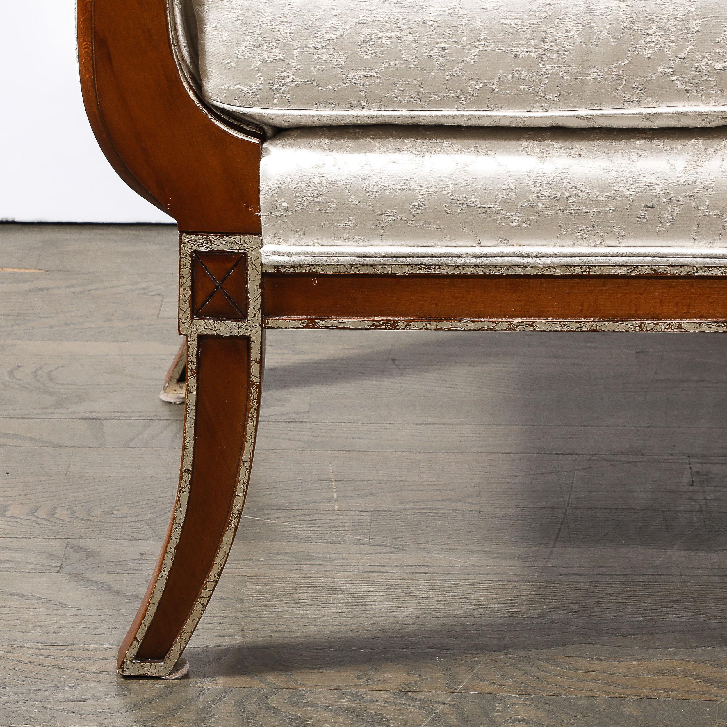 American Modernist Scroll Form Bench in Walnut With Silver Naturalist Upholstery For Sale