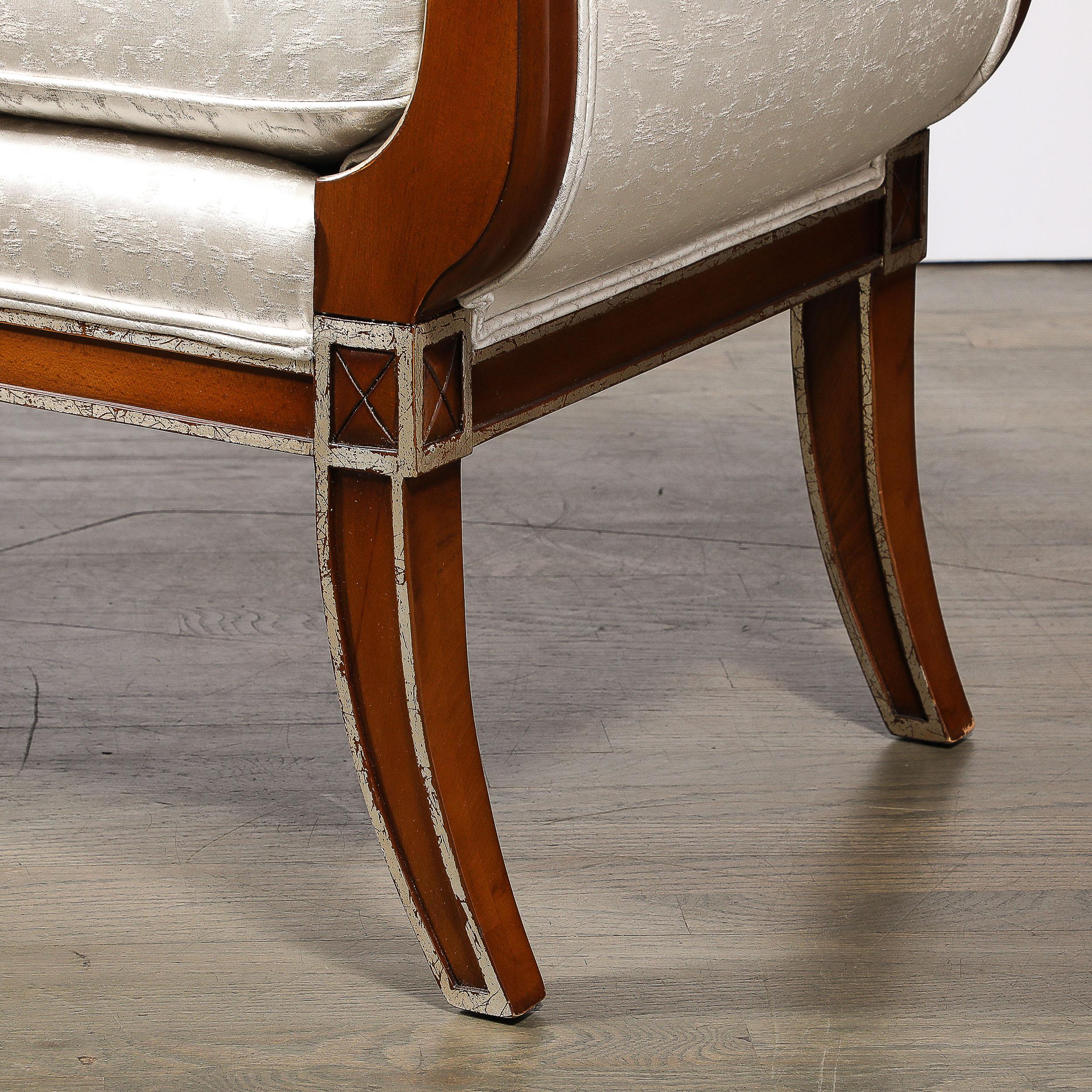 Modernist Scroll Form Bench in Walnut With Silver Naturalist Upholstery For Sale 1
