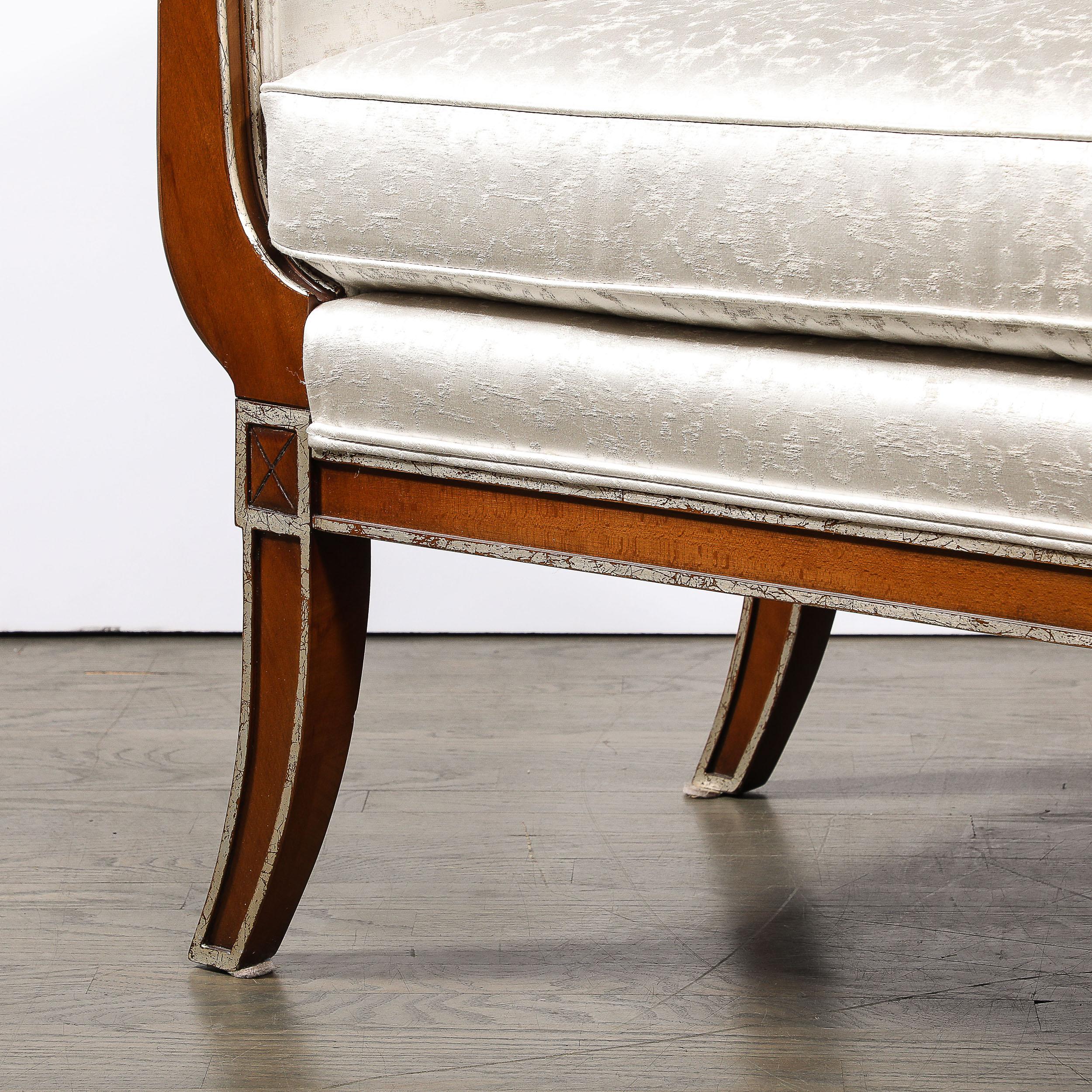 Modernist Scroll Form Bench in Walnut With Silver Naturalist Upholstery For Sale 2