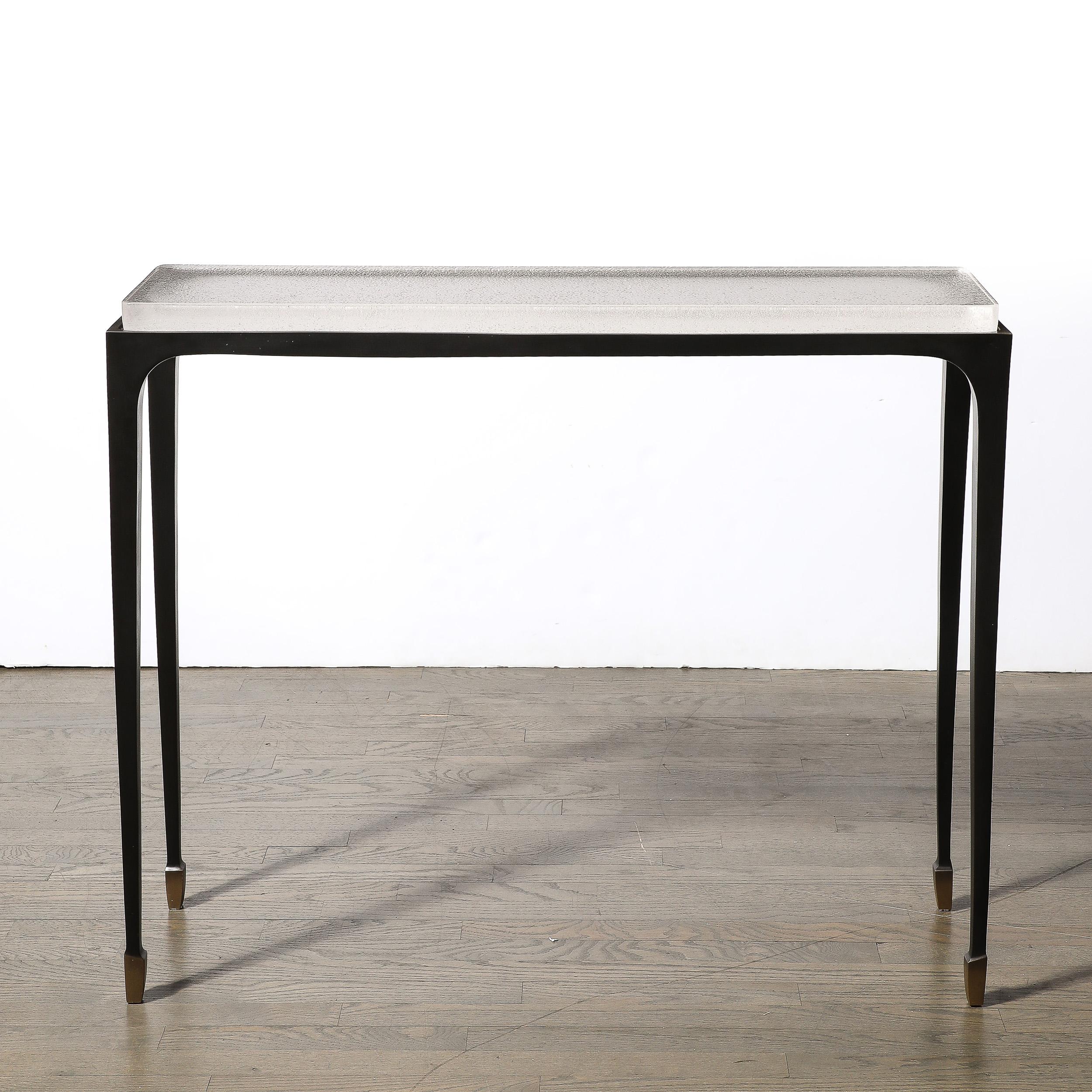 Modernist Sculptural Bronze & Inset Caste Ice Glass Console Table by Holly Hunt 1