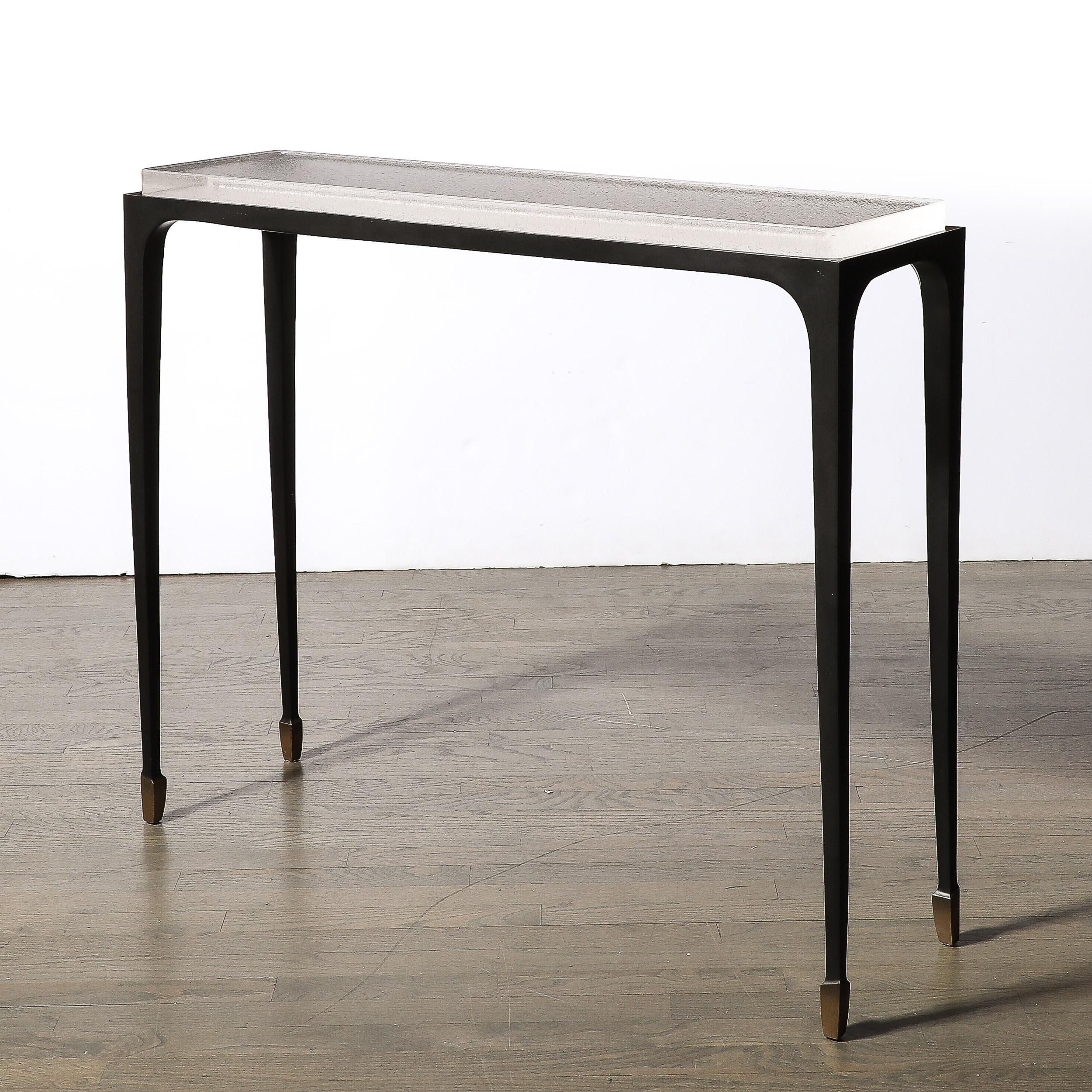 Modernist Sculptural Bronze & Inset Caste Ice Glass Console Table by Holly Hunt 3