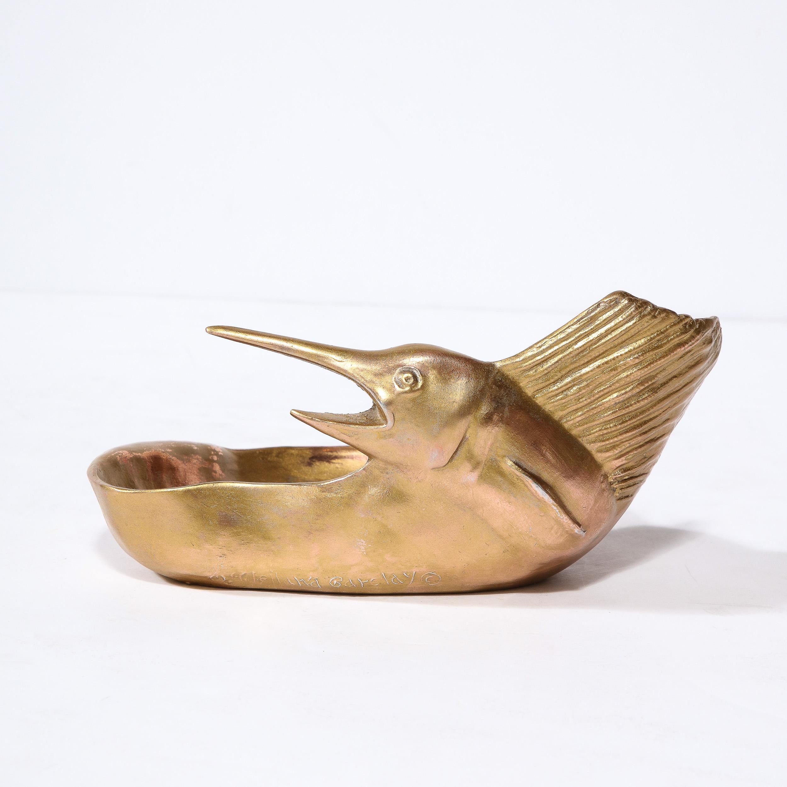 Modernist Sculptural Gilded Dish with Swordfish Motif in Relief In Good Condition For Sale In New York, NY
