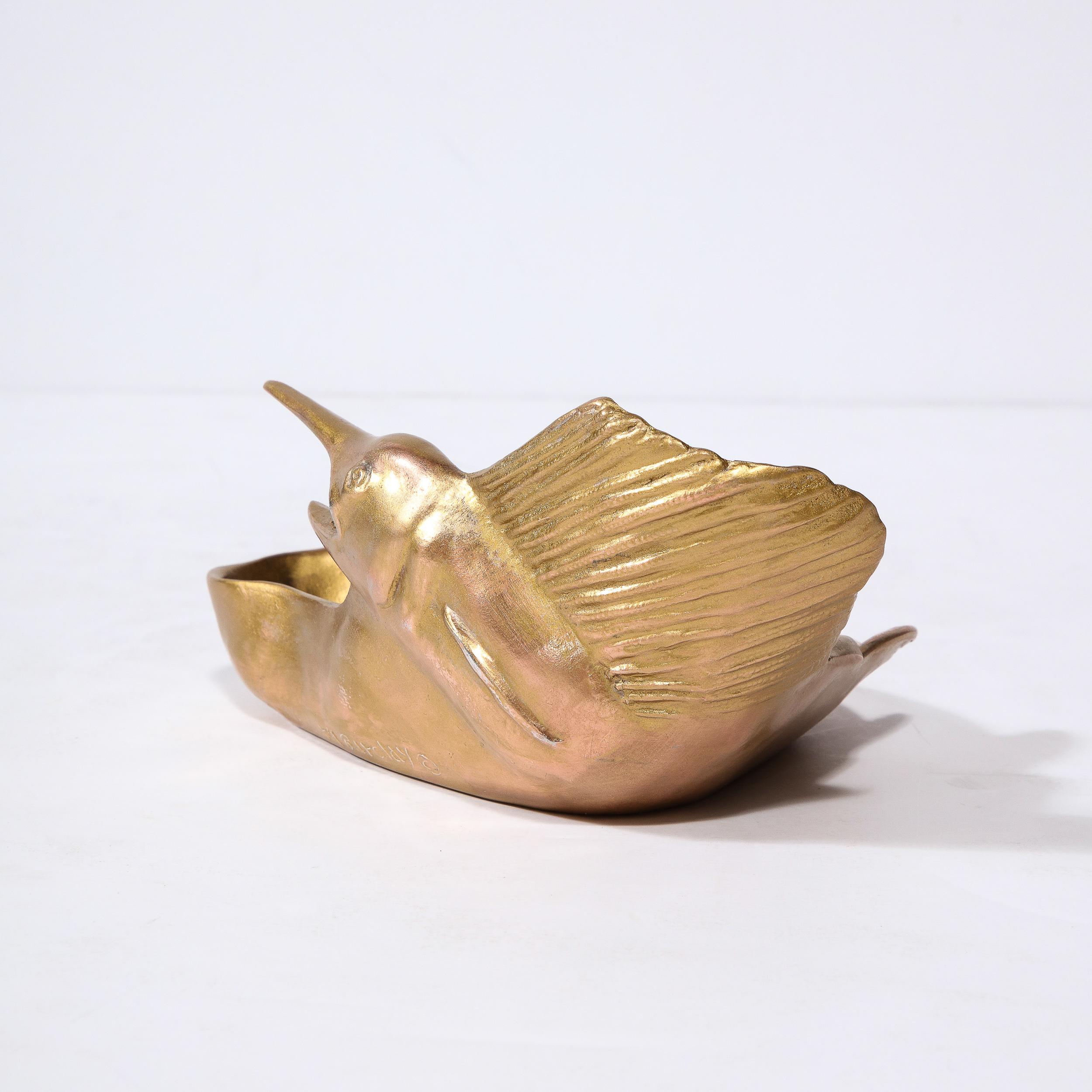 Late 20th Century Modernist Sculptural Gilded Dish with Swordfish Motif in Relief For Sale