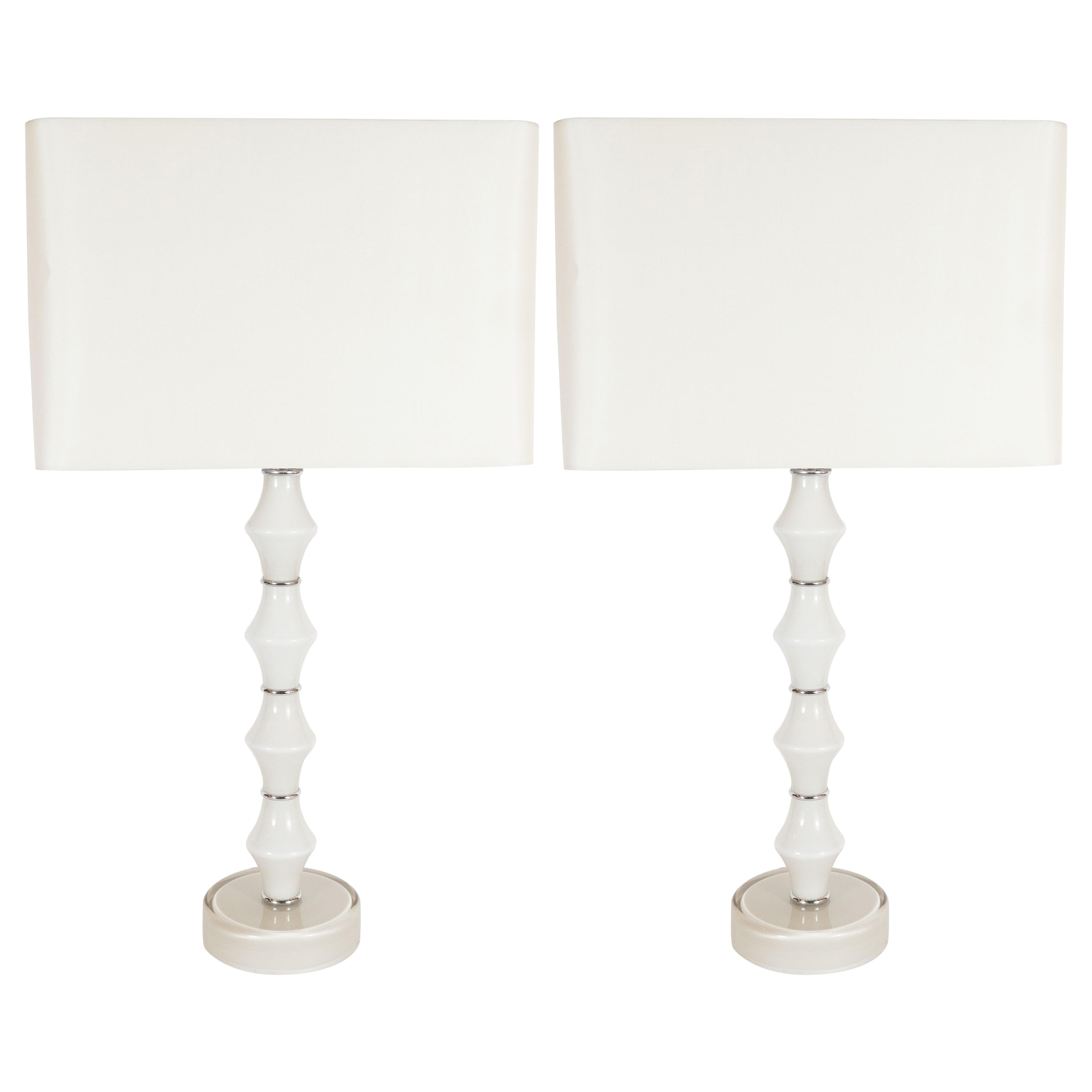 Modernist Sculptural Hand Blown Murano Pearl White Glass and Nickel Table Lamps