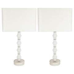 Modernist Sculptural Hand Blown Murano Pearl White Glass and Nickel Table Lamps