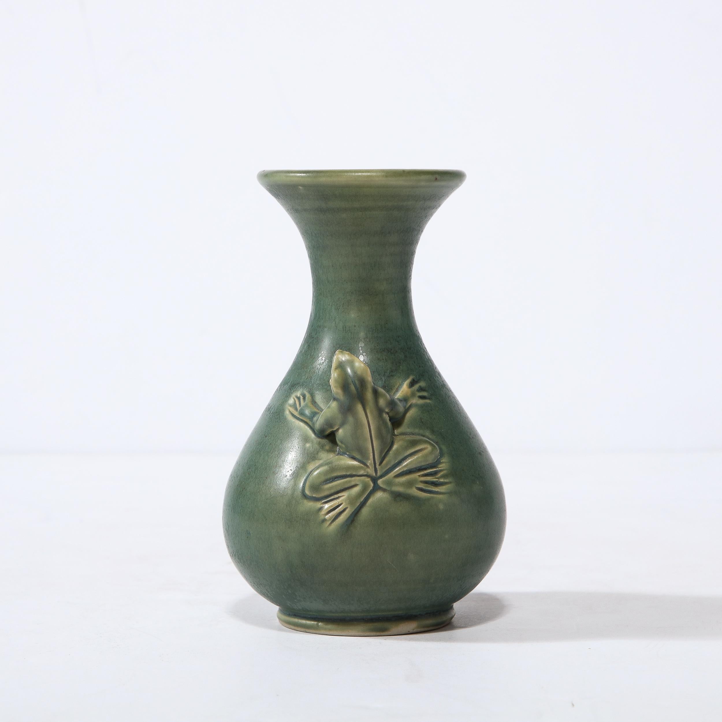 Modernist Sculptural Muted Jade Glazed Ceramic Vase with Frog Motif in Relief For Sale 4