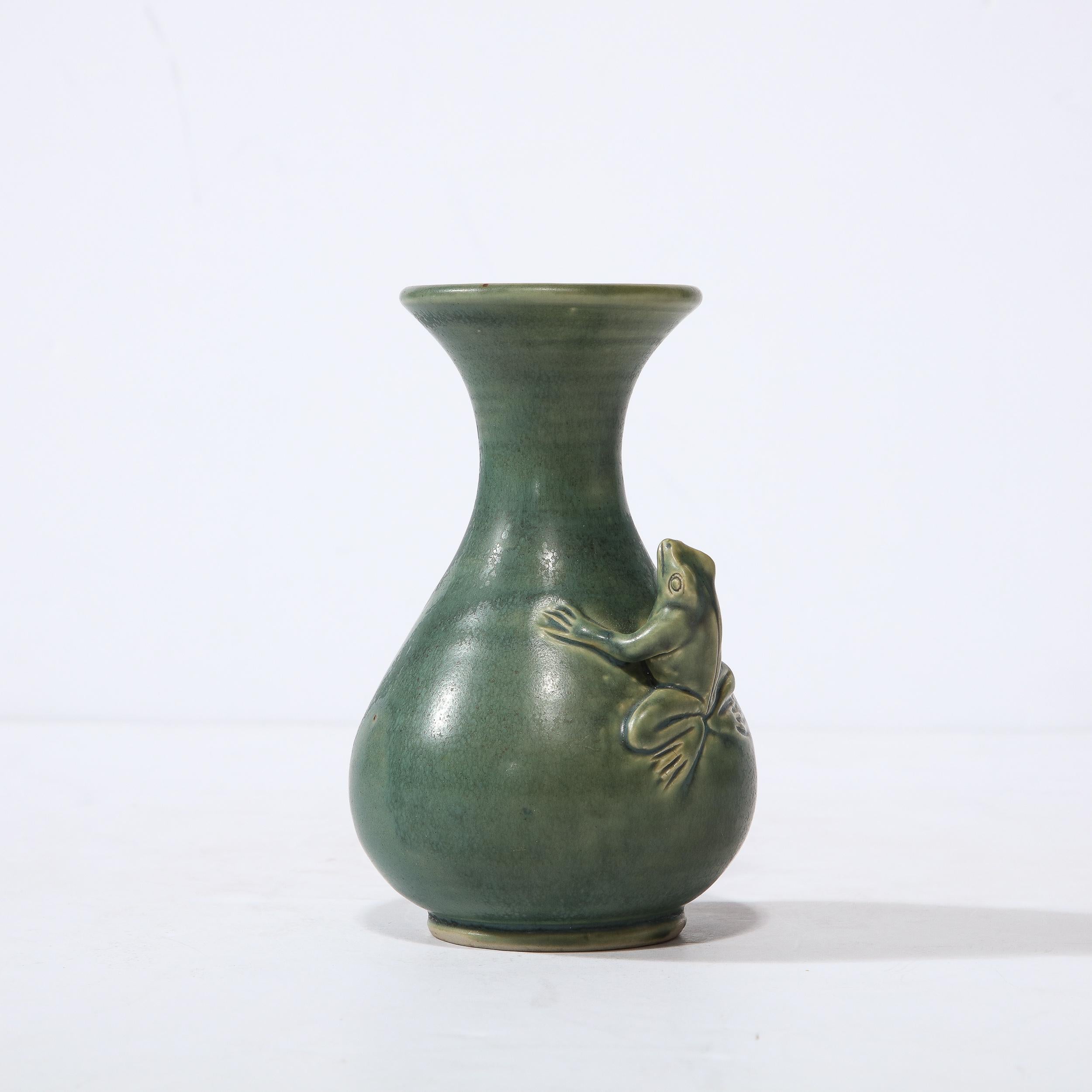 Modernist Sculptural Muted Jade Glazed Ceramic Vase with Frog Motif in Relief For Sale 5