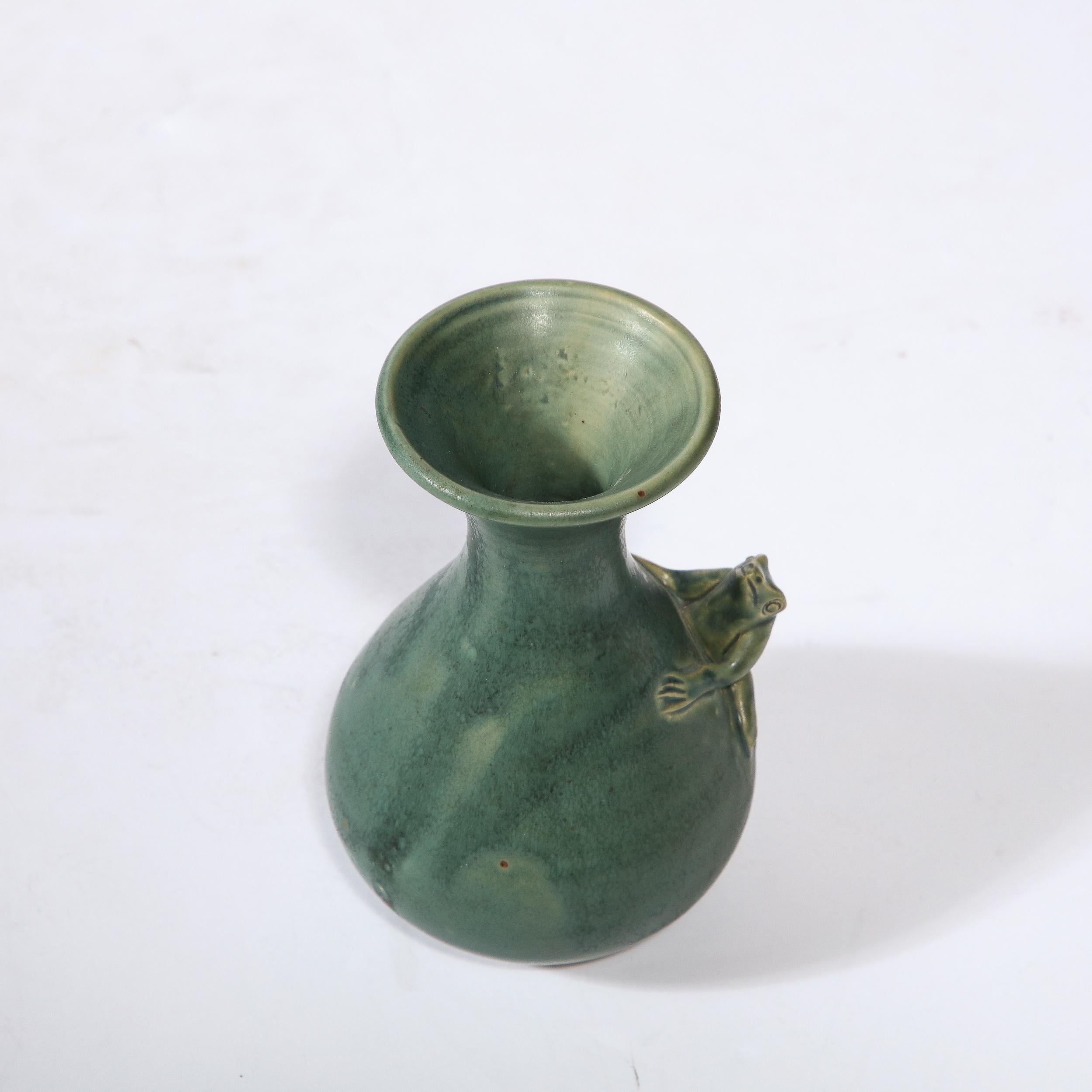 Modernist Sculptural Muted Jade Glazed Ceramic Vase with Frog Motif in Relief For Sale 6