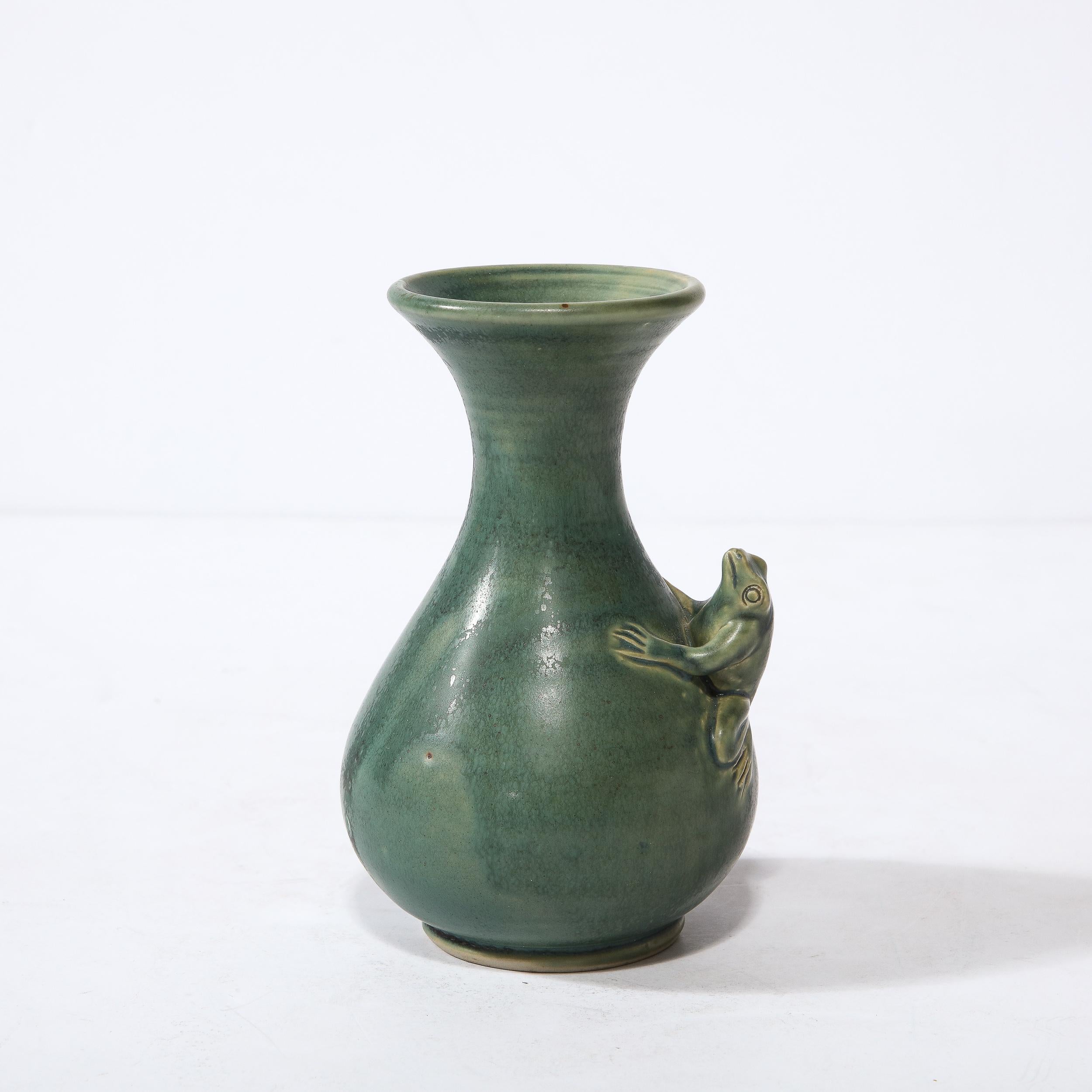 Indonesian Modernist Sculptural Muted Jade Glazed Ceramic Vase with Frog Motif in Relief For Sale