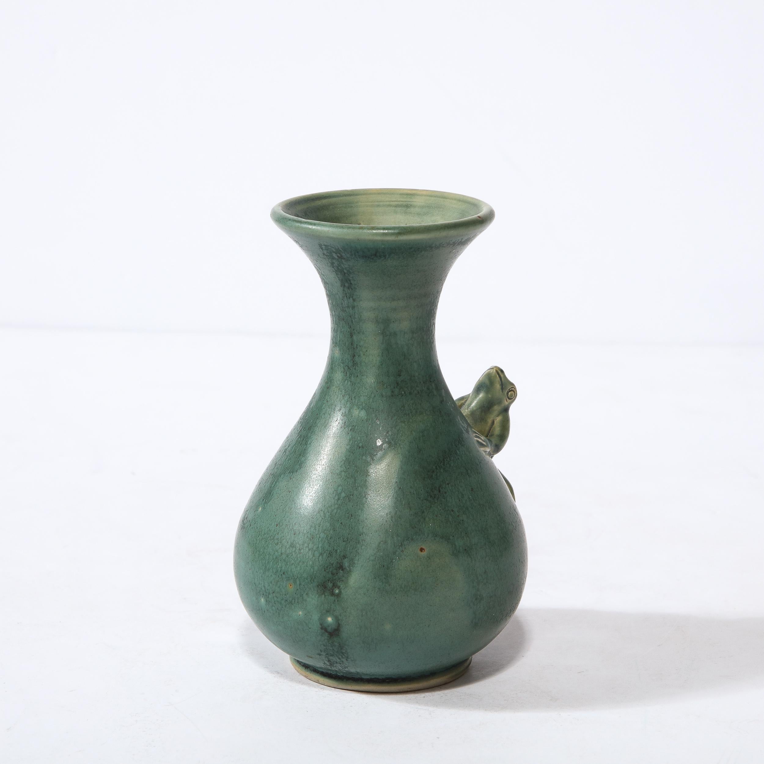 Mid-Century Modern Modernist Sculptural Muted Jade Glazed Ceramic Vase with Frog Motif in Relief For Sale