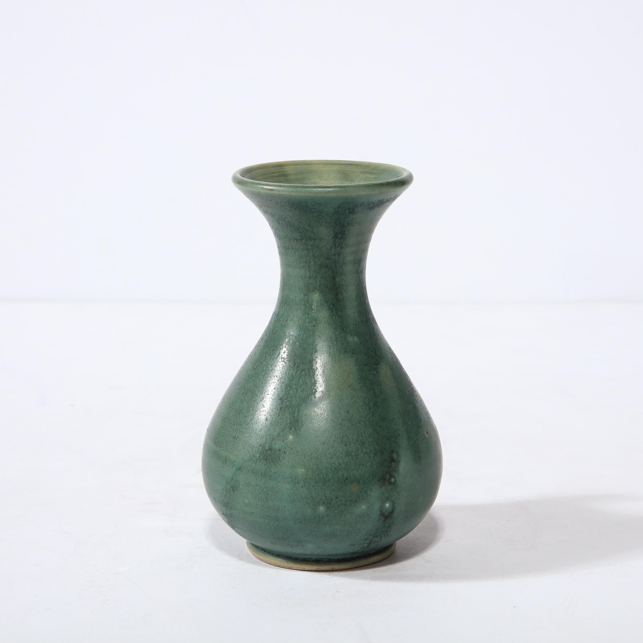 20th Century Modernist Sculptural Muted Jade Glazed Ceramic Vase with Frog Motif in Relief For Sale