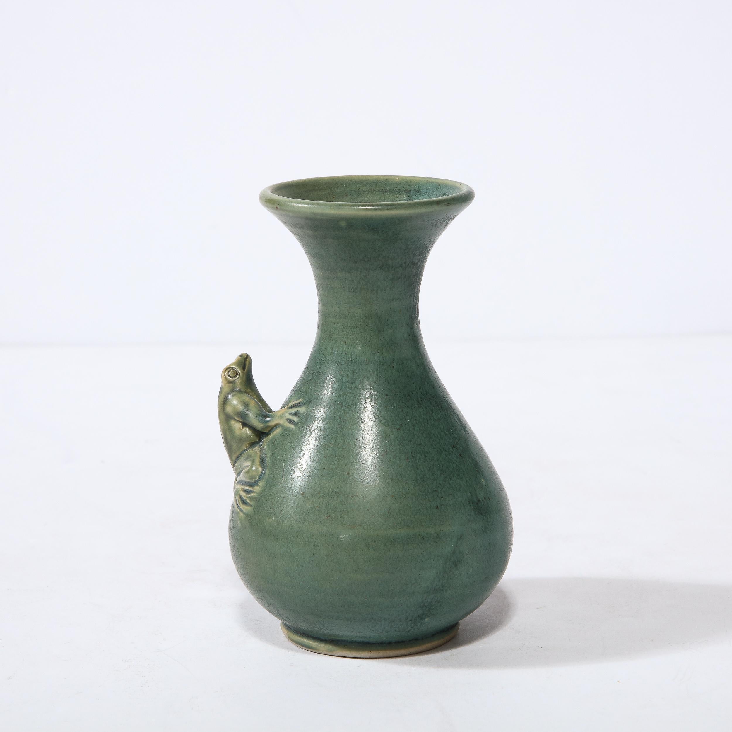 Modernist Sculptural Muted Jade Glazed Ceramic Vase with Frog Motif in Relief For Sale 1