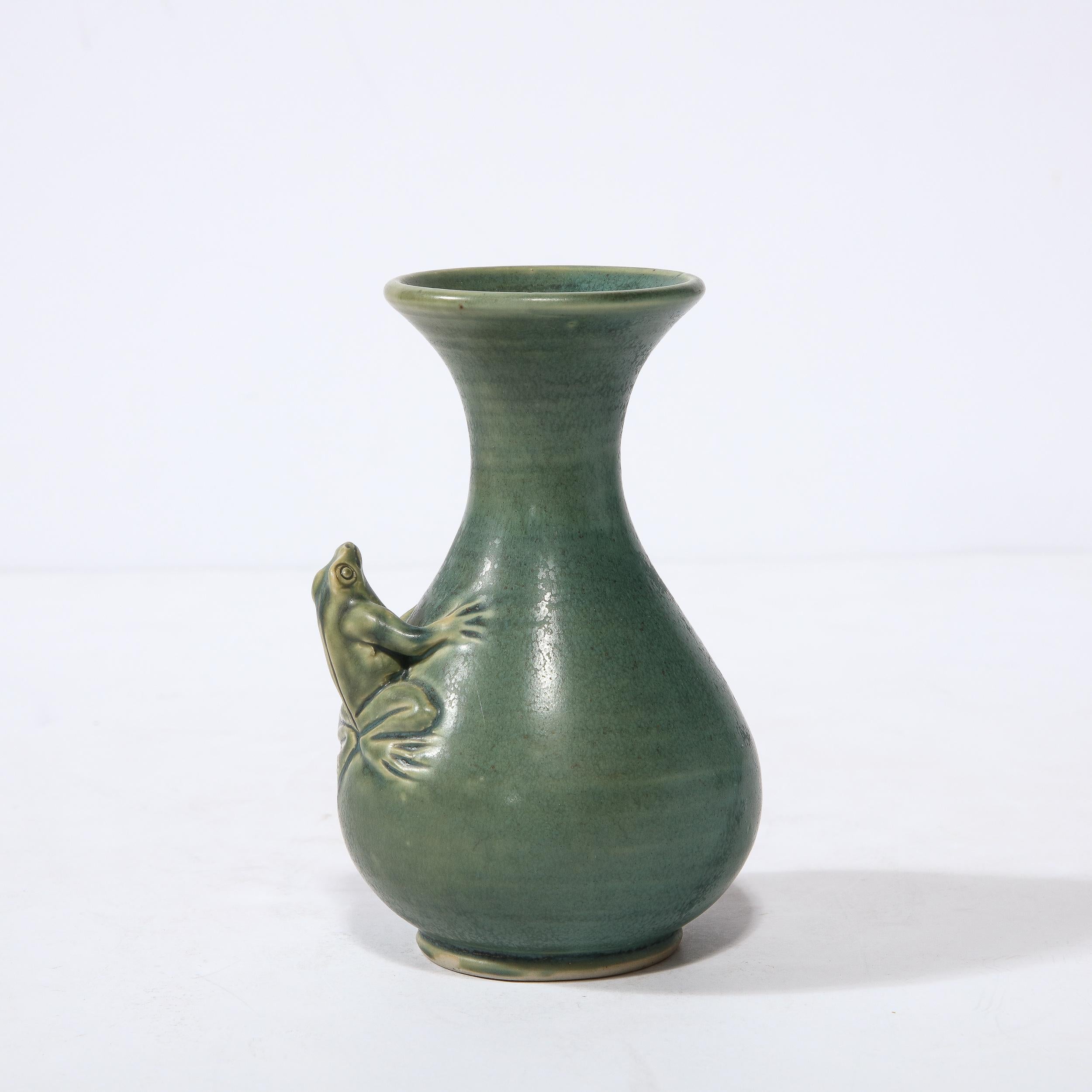 20th Century Modernist Sculptural Muted Jade Glazed Ceramic Vase with Frog Motif in Relief For Sale