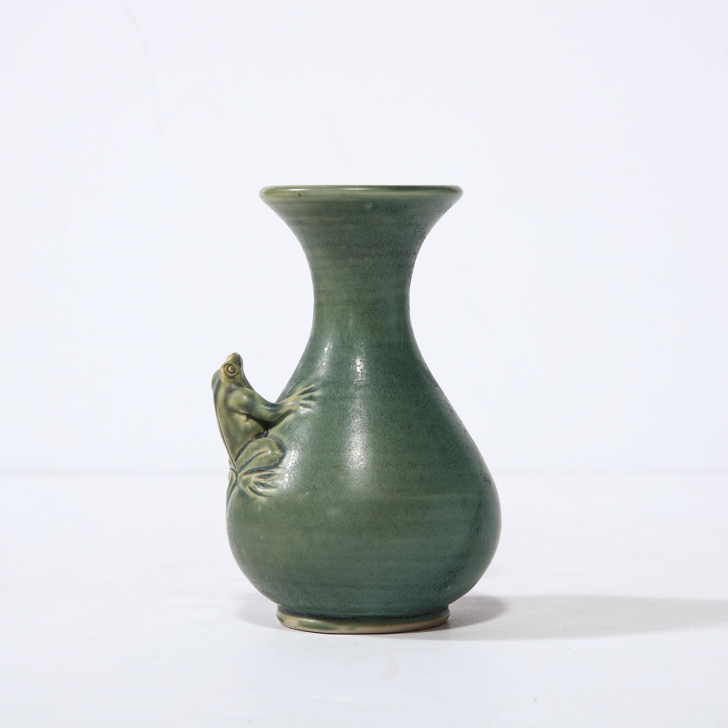 Modernist Sculptural Muted Jade Glazed Ceramic Vase with Frog Motif in Relief For Sale 3