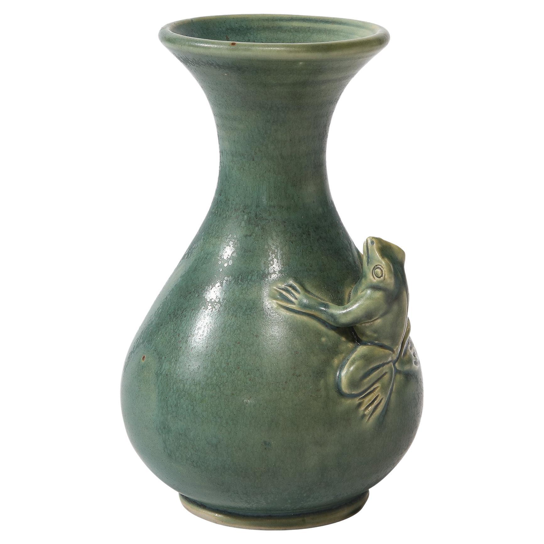 Modernist Sculptural Muted Jade Glazed Ceramic Vase with Frog Motif in Relief