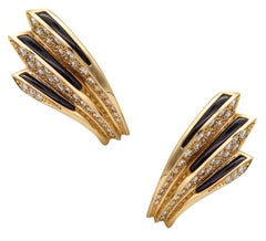 Clips d'oreilles modernistes sculpturaux en onyx et or jaune 18 carats avec 4,68 carats de diamants