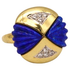Vintage Modernist Sculptural Ring In 18Kt Yellow Gold With 3.24 Ctw Diamonds And Lapis