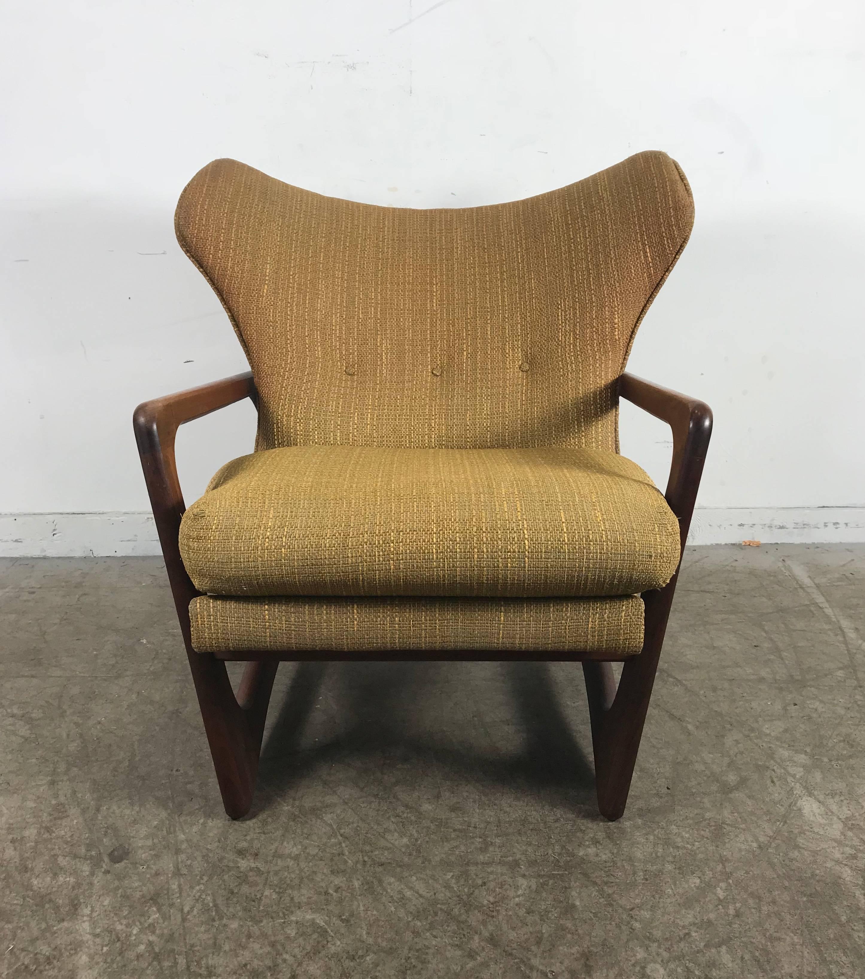 Fabric Modernist Sculptural Walnut Wing Back Lounge Chair by Adrian Pearsall