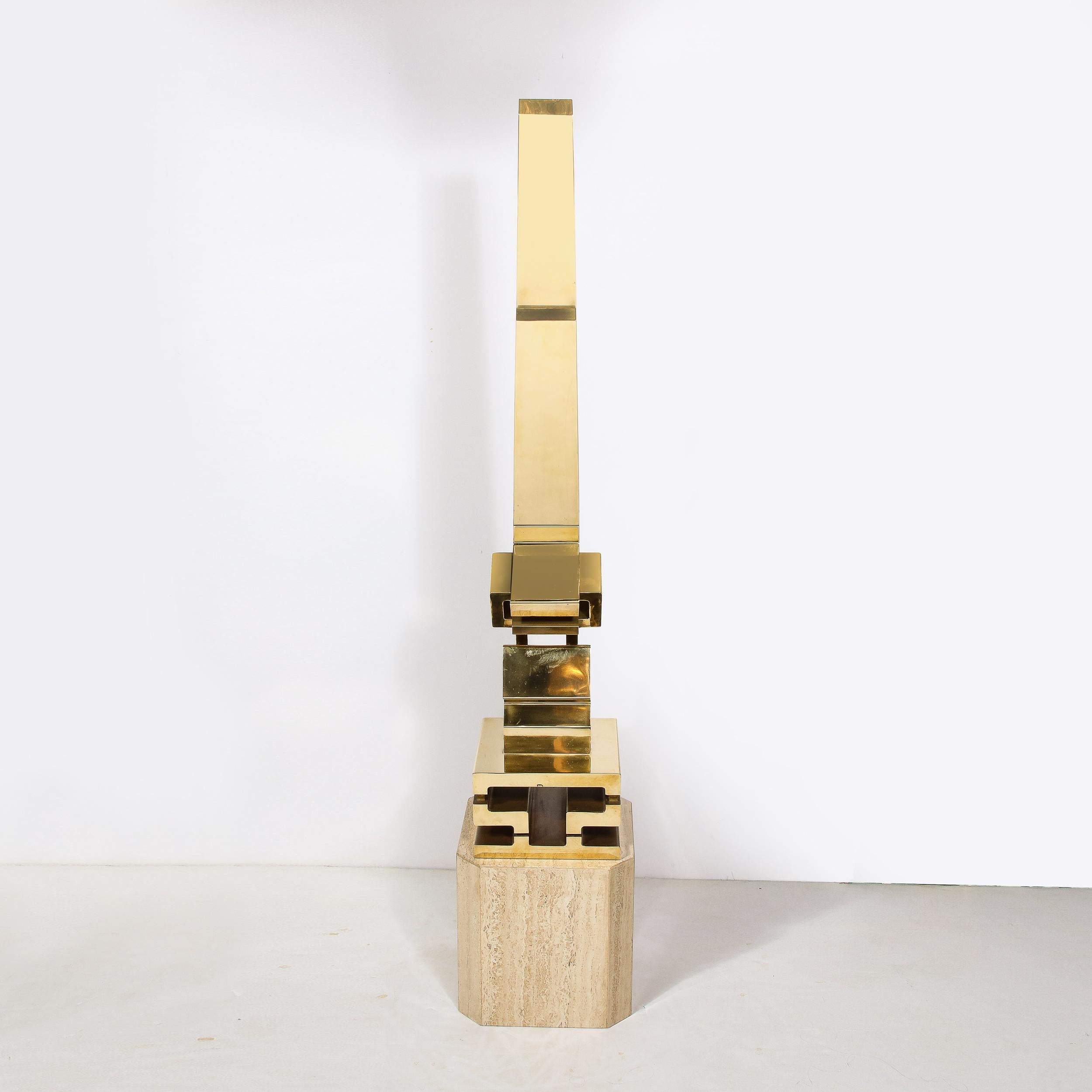 -This moving Modernist Sculpture by the esteemed artist Giorgio Zennaro originates from Italy, Circa 1980. Formed in solid Brass on a Travertine marble base, this sculpture displays the artist's abilities and status as powerhouse of material