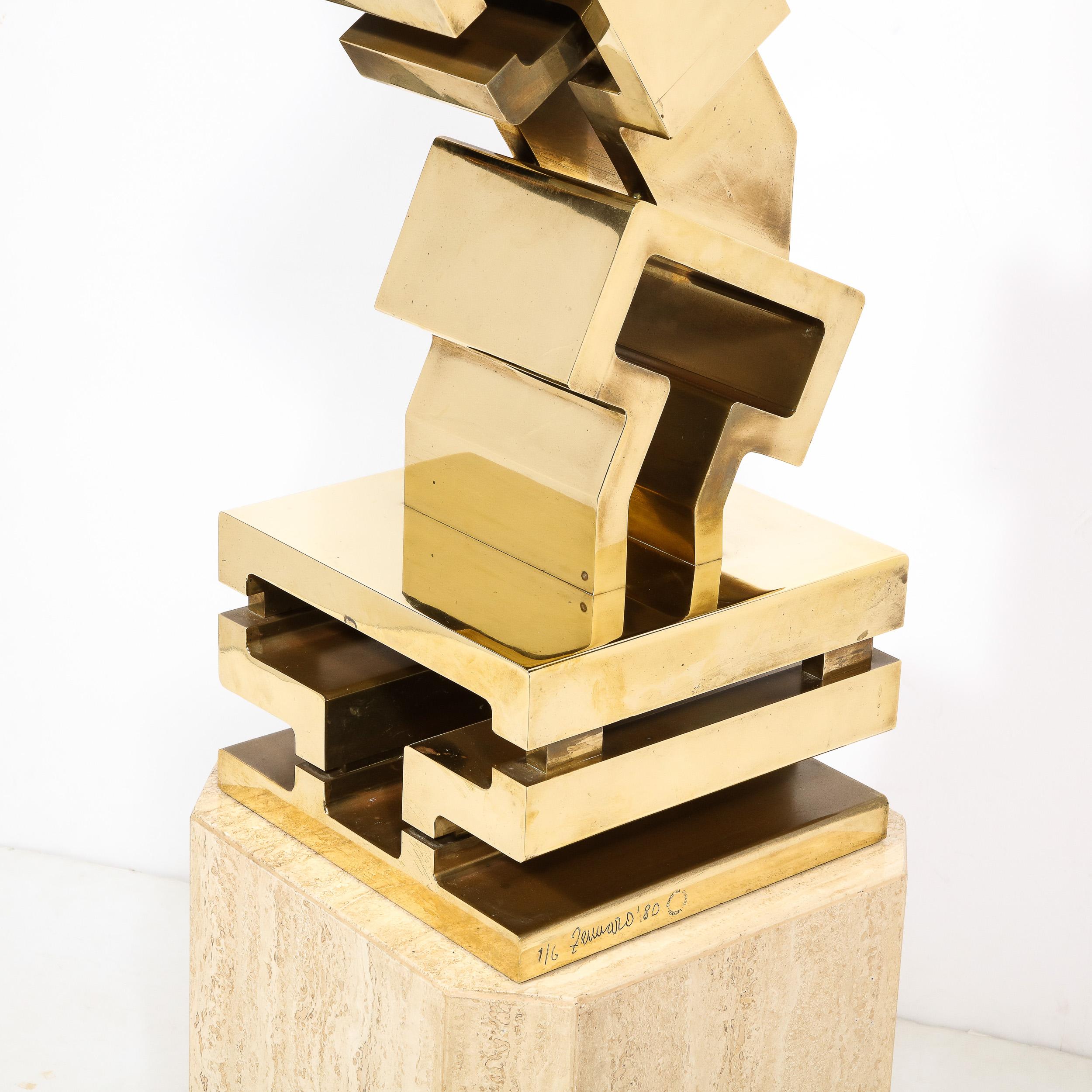Modernist Sculpture In Polished Brass on Travertine Base by Giorgio Zennaro  1