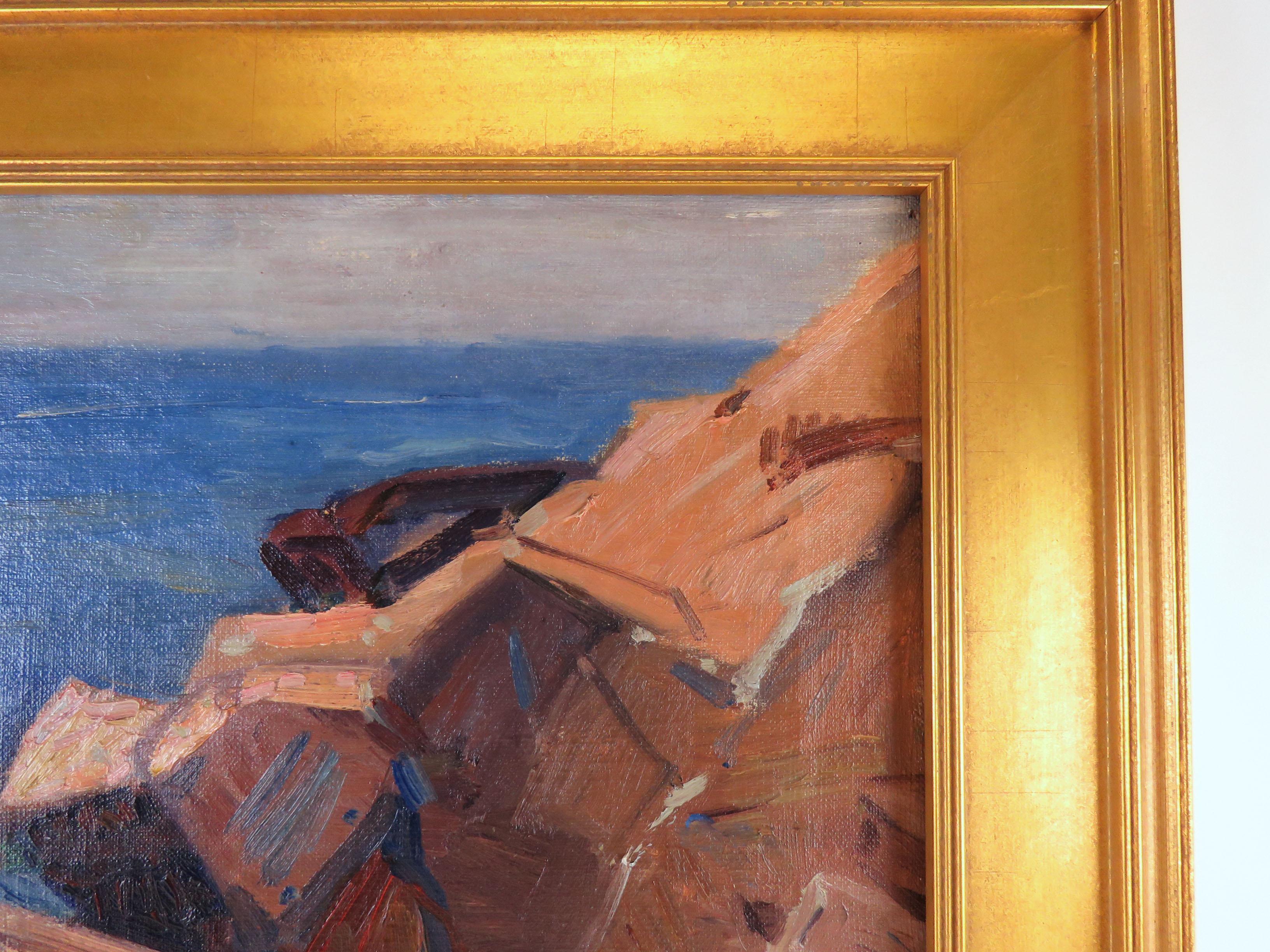 A modernist seascape oil on canvas by listed artist Karl Schmidt (1890-1962). Although a native of Massachusetts, Schmidt was known primarily as a California impressionist. He exhibited widely there and his early work had a strong Arts & Crafts