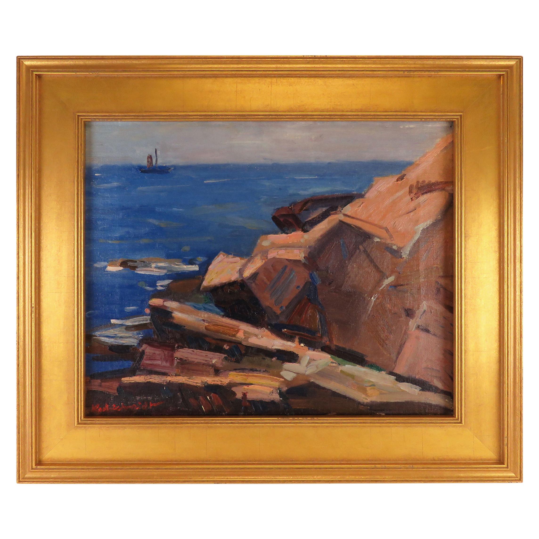 Modernist Seascape Oil Painting Titled "Monhegan" by Karl Schmidt, Dated 1955
