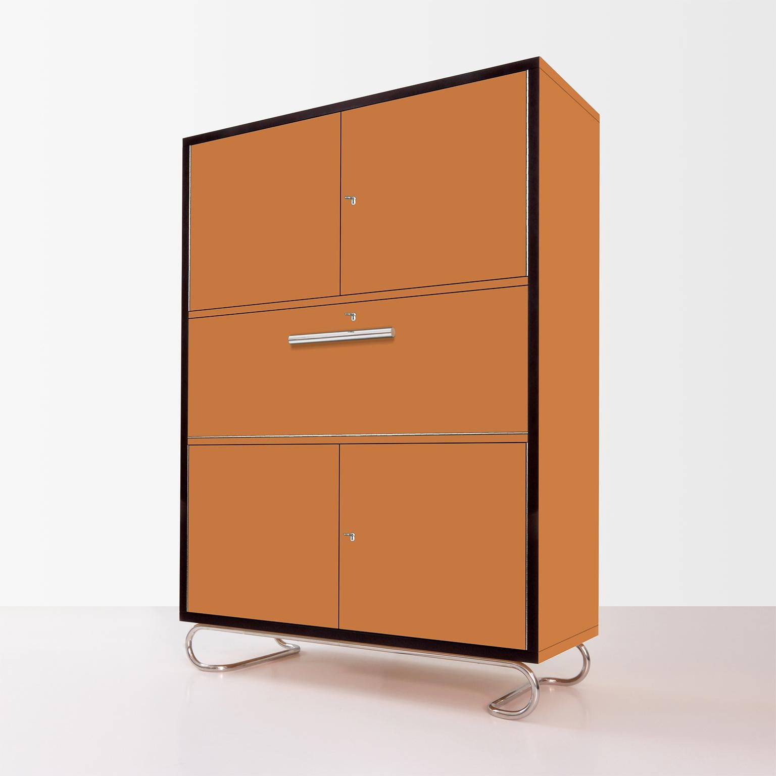 German modernism free-standing secretary cabinet designed and manufactured by GMD Berlin. Wood lacquering in various colors and finish. Available on request in different amounts.