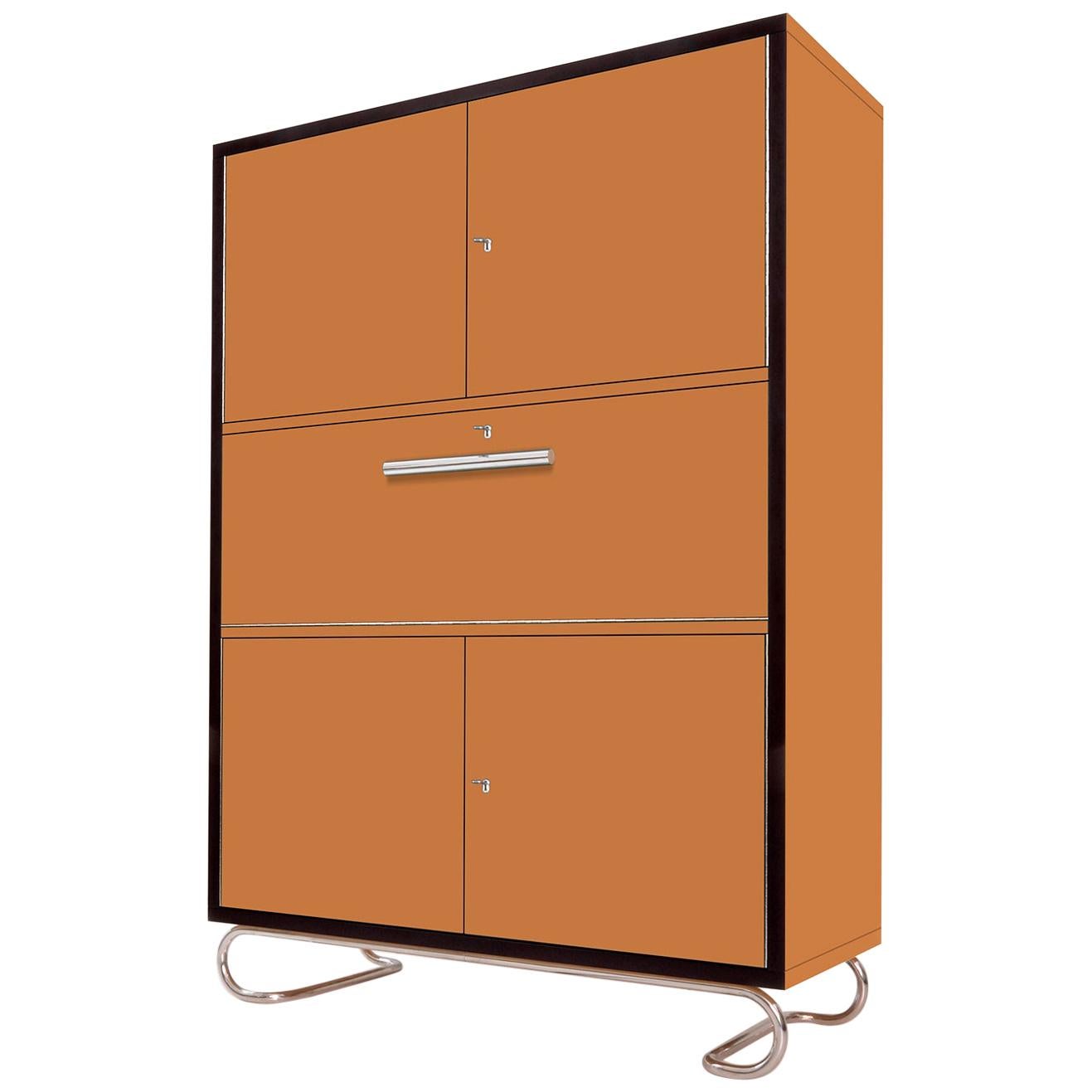 Modernist Secretary Cabinet, Lacquered Wood, Chrome-Plated Metal, Customizable