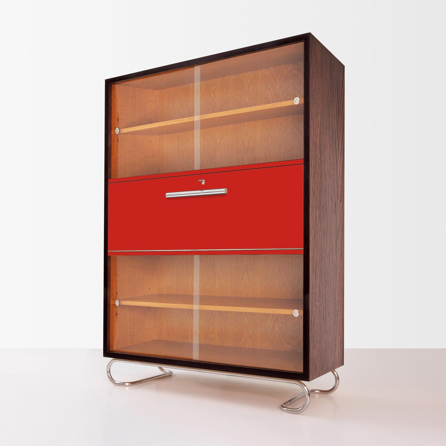 German Modernist Secretary Showcase, Lacquered Wood, Chrome-Plated Metal, Customizable For Sale