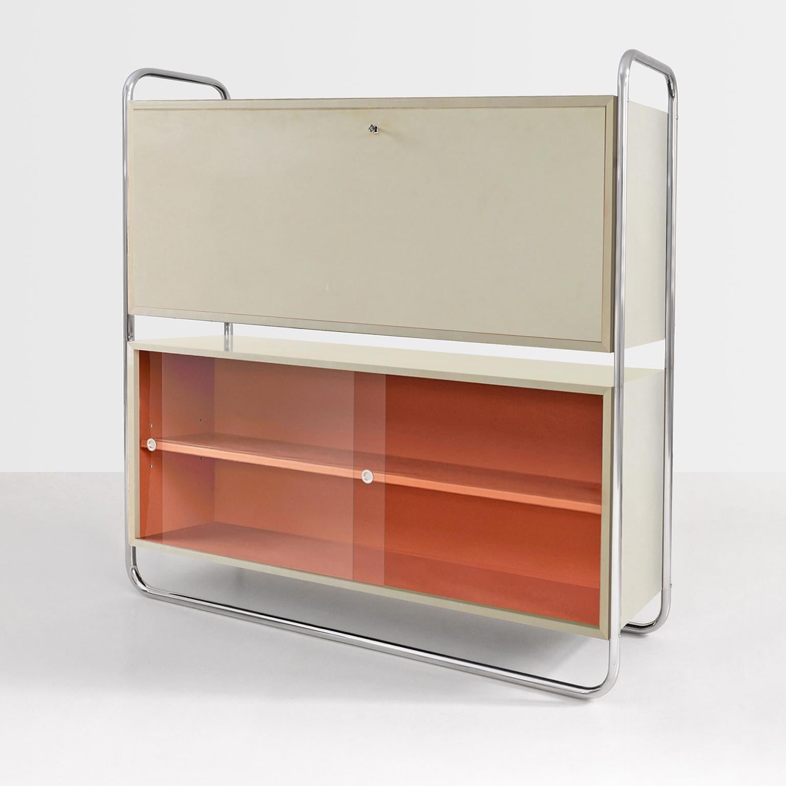 Modernist secretary showcase made of chrome plated tubular steel and lacquered or veneered wood. Customizable, production time: 9-10 weeks.