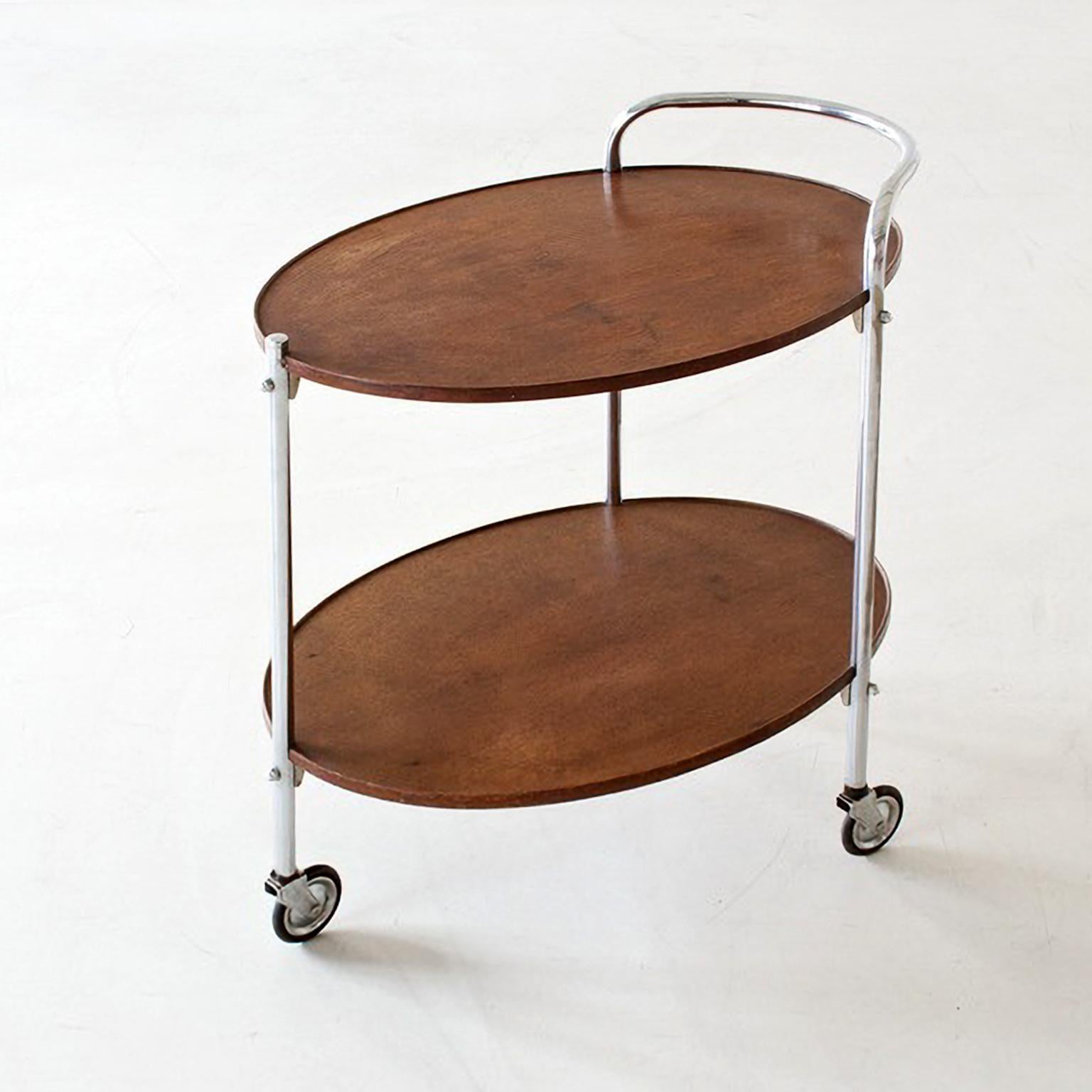 Art Deco Modernist Serving Trolley with Two Oval Wooden Shelves Chromed Metal, circa 1930 For Sale