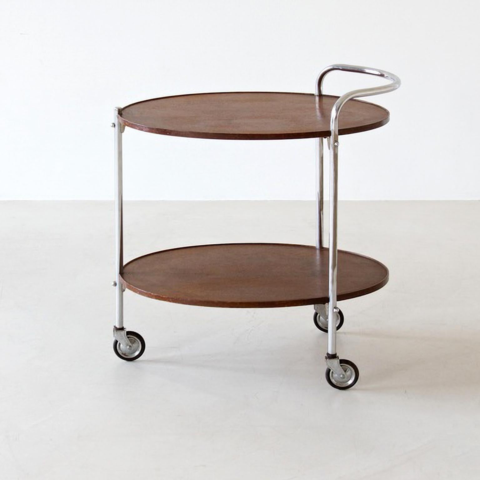 German Modernist Serving Trolley with Two Oval Wooden Shelves Chromed Metal, circa 1930 For Sale