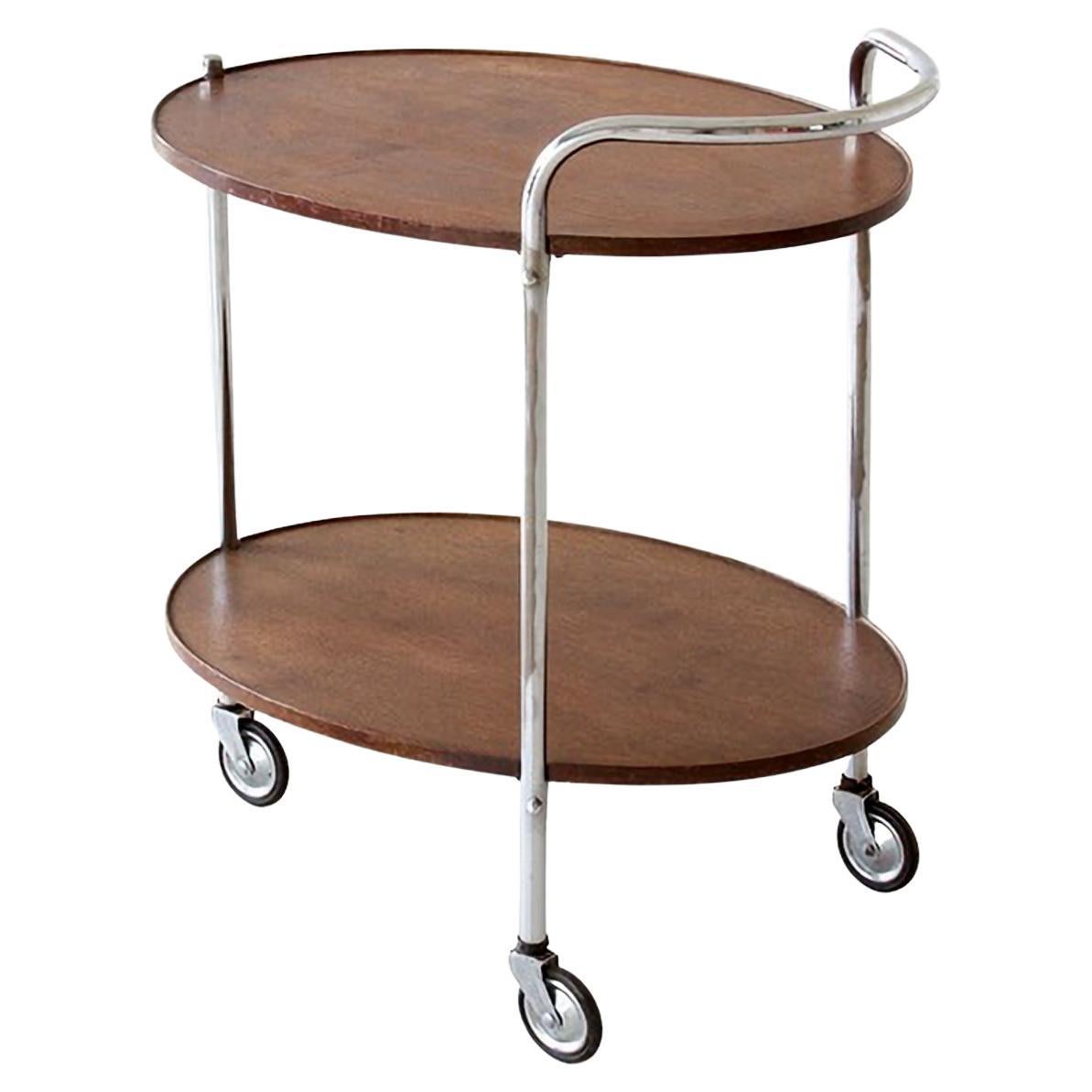 Modernist Serving Trolley with Two Oval Wooden Shelves Chromed Metal, circa 1930 For Sale
