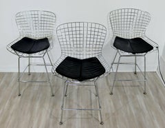 Modernist Set of 3 Bertoia Style Chrome Wire Bar Stools w Vinyl Pads Seats