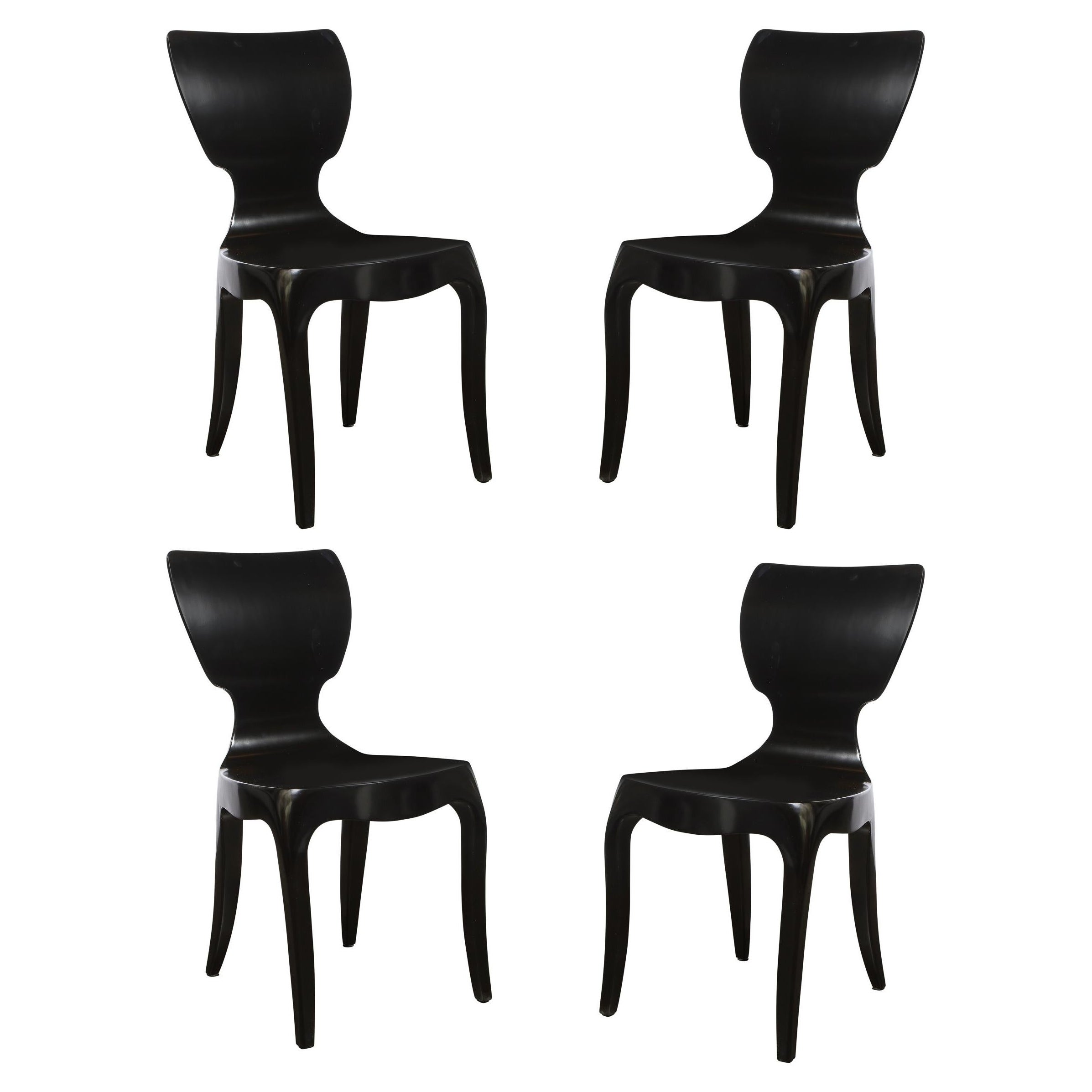 Modernist Set of 4 Amorphic Wingback Ebonized Walnut Dining/ Game Table Chairs